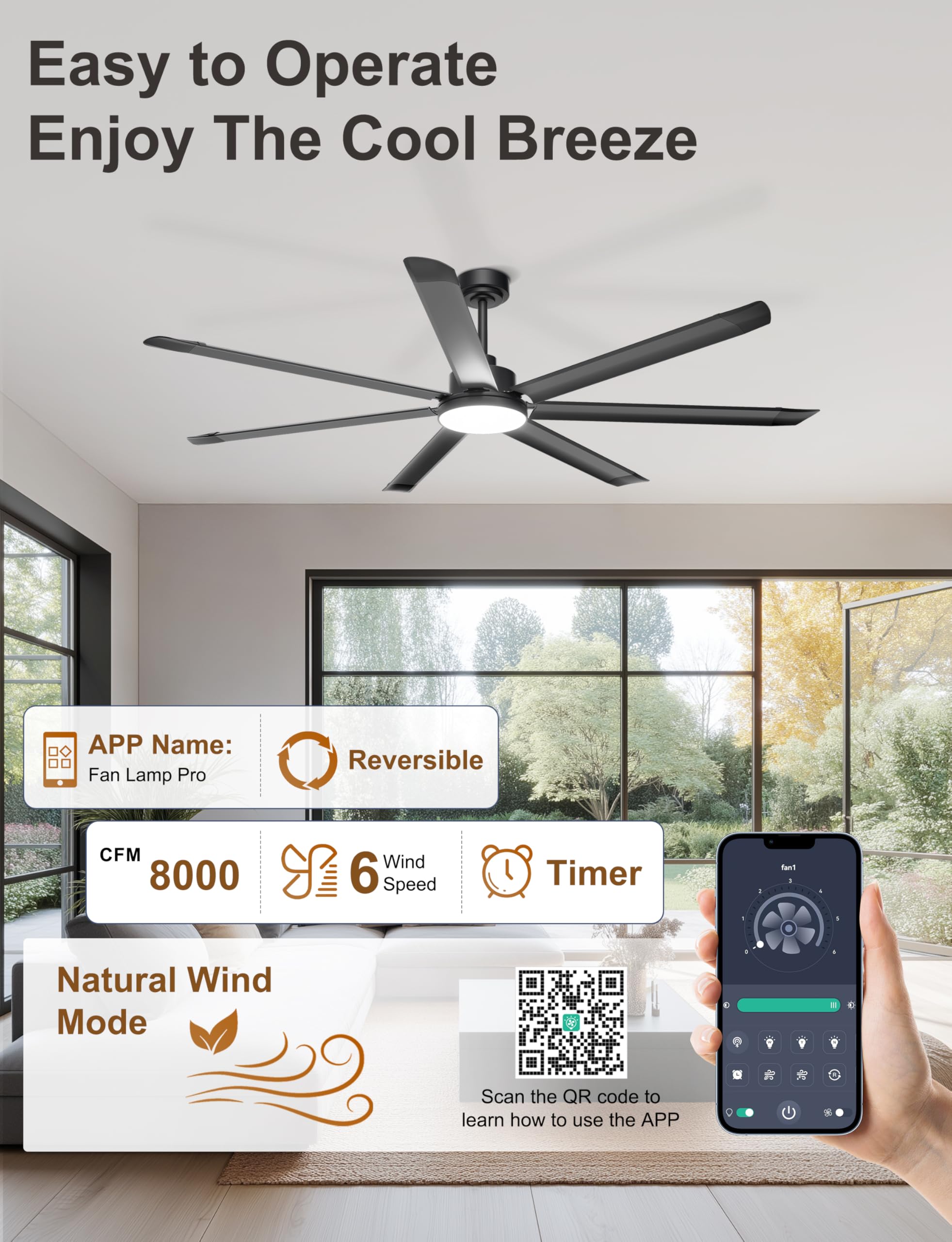 Ohniyou Ventilateur de plafond de 182 cm avec éclairage, Grand ventilateur de plafond de style industriel, télécommande/app, 7 pales en aluminium, moteur CC silencieux pour salon terrasse garage, noir