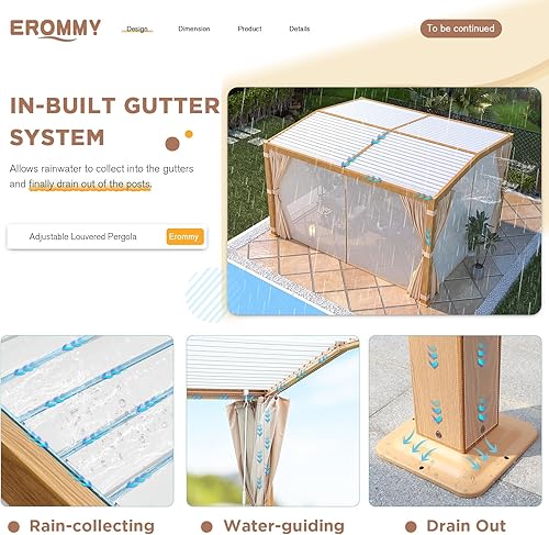 Miniatura 4 de EROMMY Pérgola con listones de 11 x 13 pies, para exteriores, con marco de grano de madera de aluminio y techo ajustable de metal resistente a la