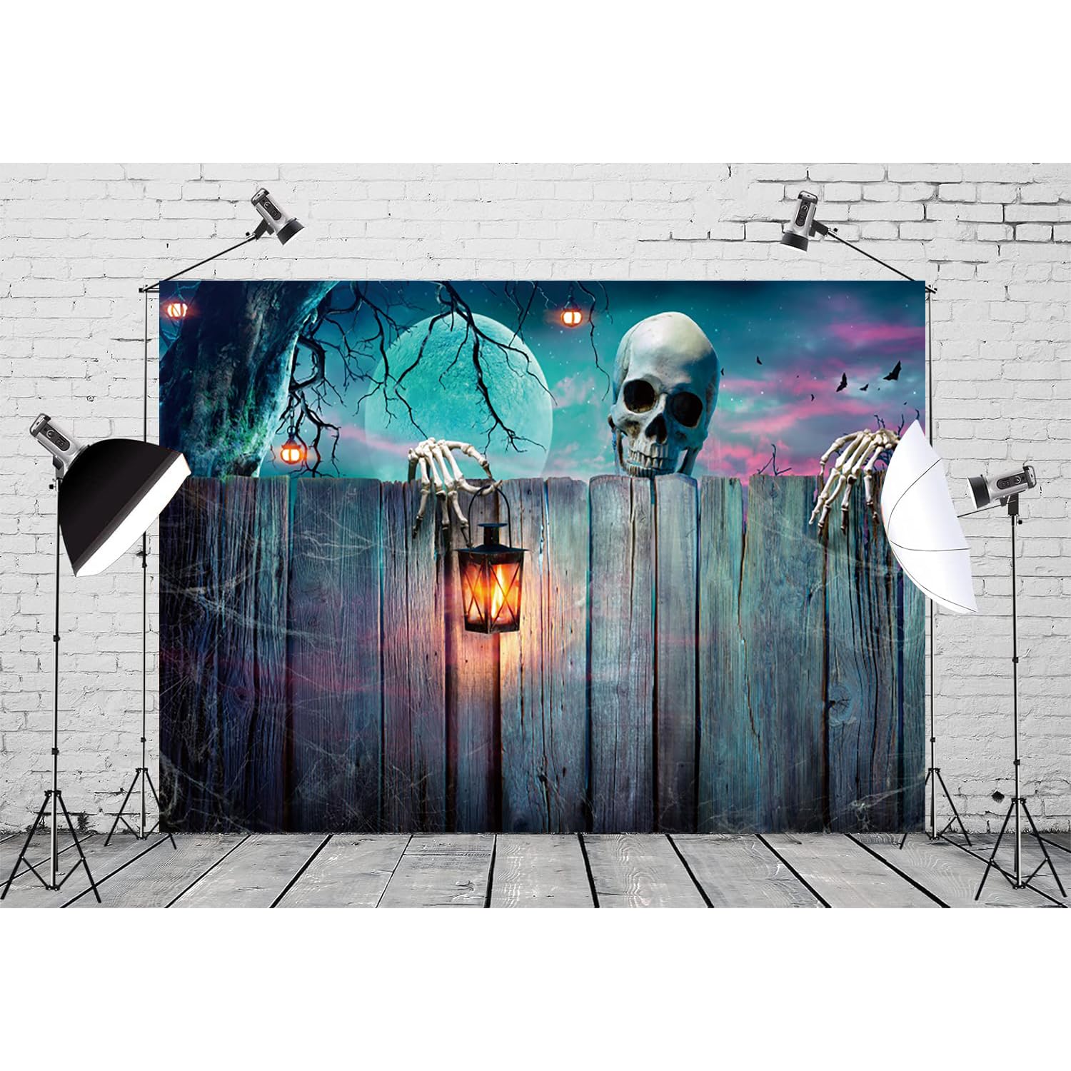 Halloween tło księżyc w pełni księżyc w nocy, przerażająca czaszka, szkielet, duch, vintage, drewno, fotografia, tło Halloween, noc, impreza, dekoracja, baner, rekwizyt do zdjęć