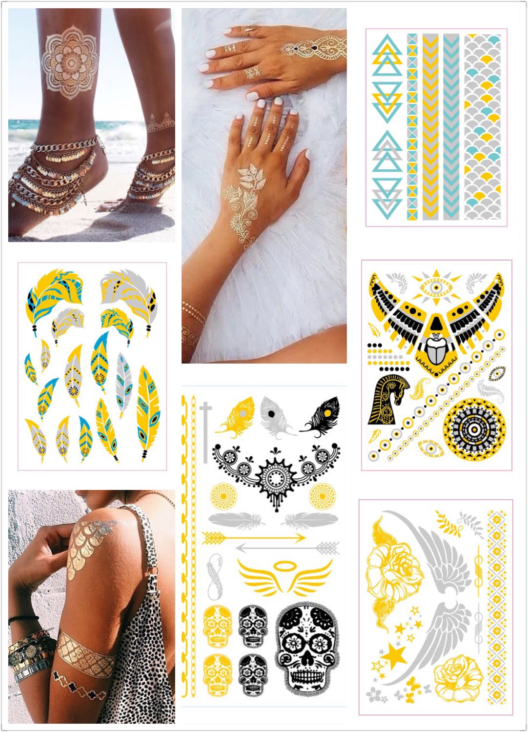 Joanna Reid 150+ Shimmer Designs Premium Metallic Tattoos in Gold, Silver, Black and Turquoise - Temporary Fake Jewelry Tattoos - Bracelets, Feathers, Wrist And Arm Bands
