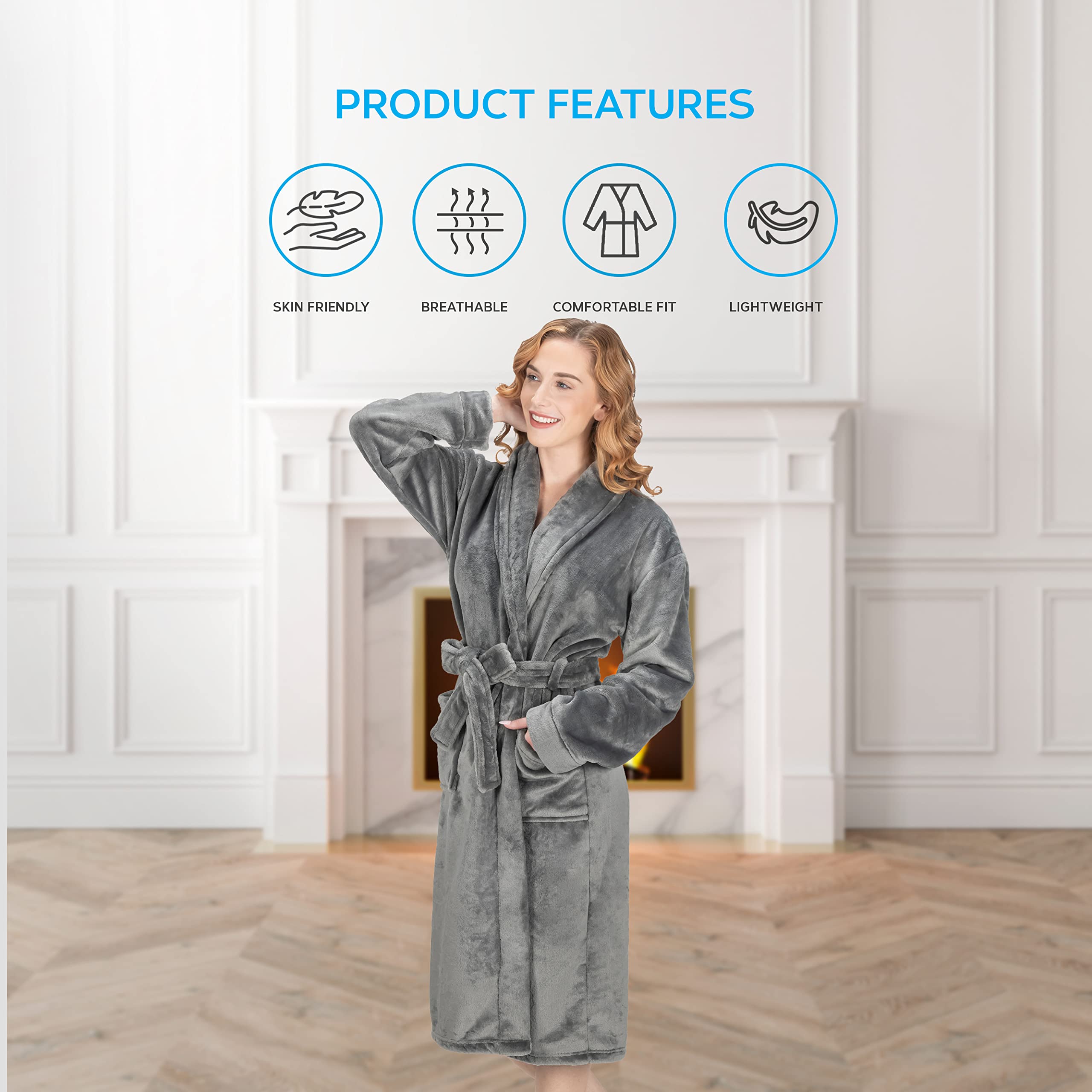 MONHOUSE Womens Dressing Gown - Premium Super Soft & Cosy Long Bathrobe - Ladies Thick Flannel Luxury Housecoat - Warm Fluffy Shearling Spa Robe for Her - Sherpa Bathrobe - Dark Grey - UK 20-22