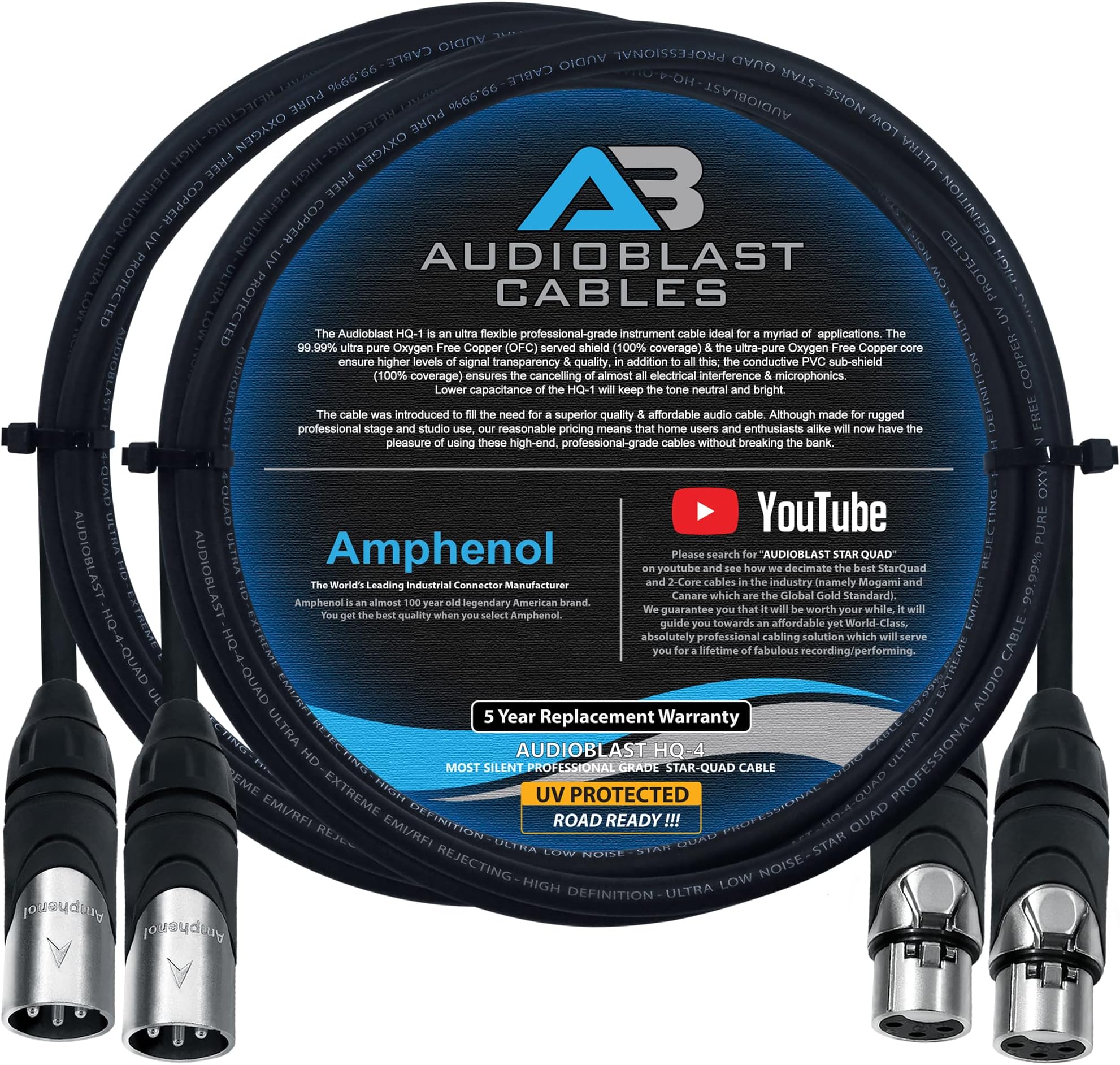 Audioblast - 2 Units - 6 Foot - HQ-4 - Star Quad Balanced Male to Female Microphone Cables with Amphenol AX3M & AX3F Silver XLR Connectors – UV Protected & Road Ready