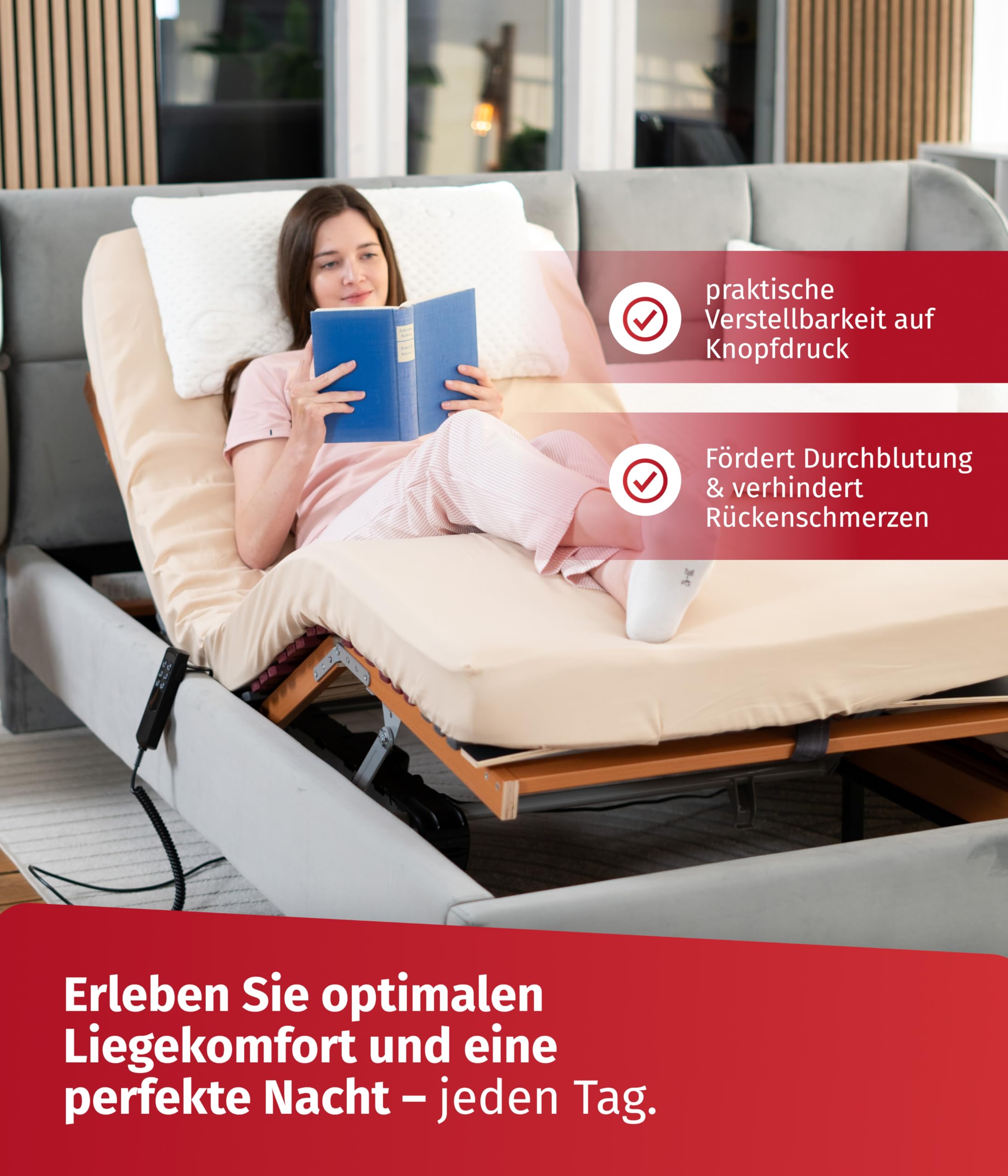 FMP Matratzenmanufaktur 7 Zonen Lattenrost Rhodos® EL | Kopf- und Fußteil elektrisch verstellbar | fertig montiert | 44 Leisten | Notabsenkung | TÜV Rheinland GS | Mittelgurt | 90x200 cm