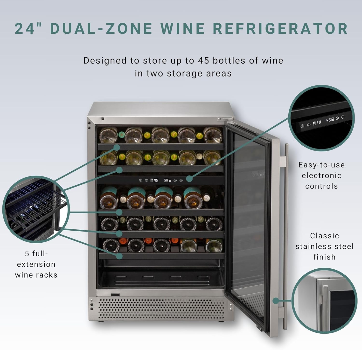 Marvel Northland Collection 24” Dual Zone Undercounter Wine Refrigerator, 5 Full-Extension Wine Racks, Stores up to 45 Bottles of Wine, Indoor/Outdoor Rated