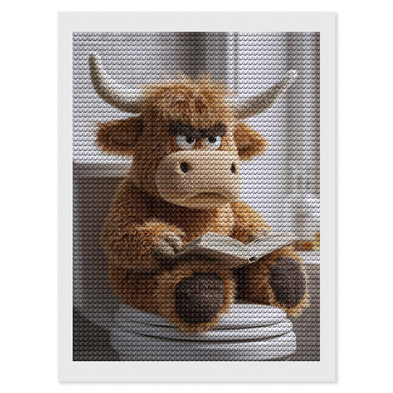 Junmoney Grumpy Highland Cow Reading on Toilet Diamond Painting Canvas Set 12"x16", Full Kit Included, Calming Craft to Unwind, Farmhouse Decor, Christmas Gift