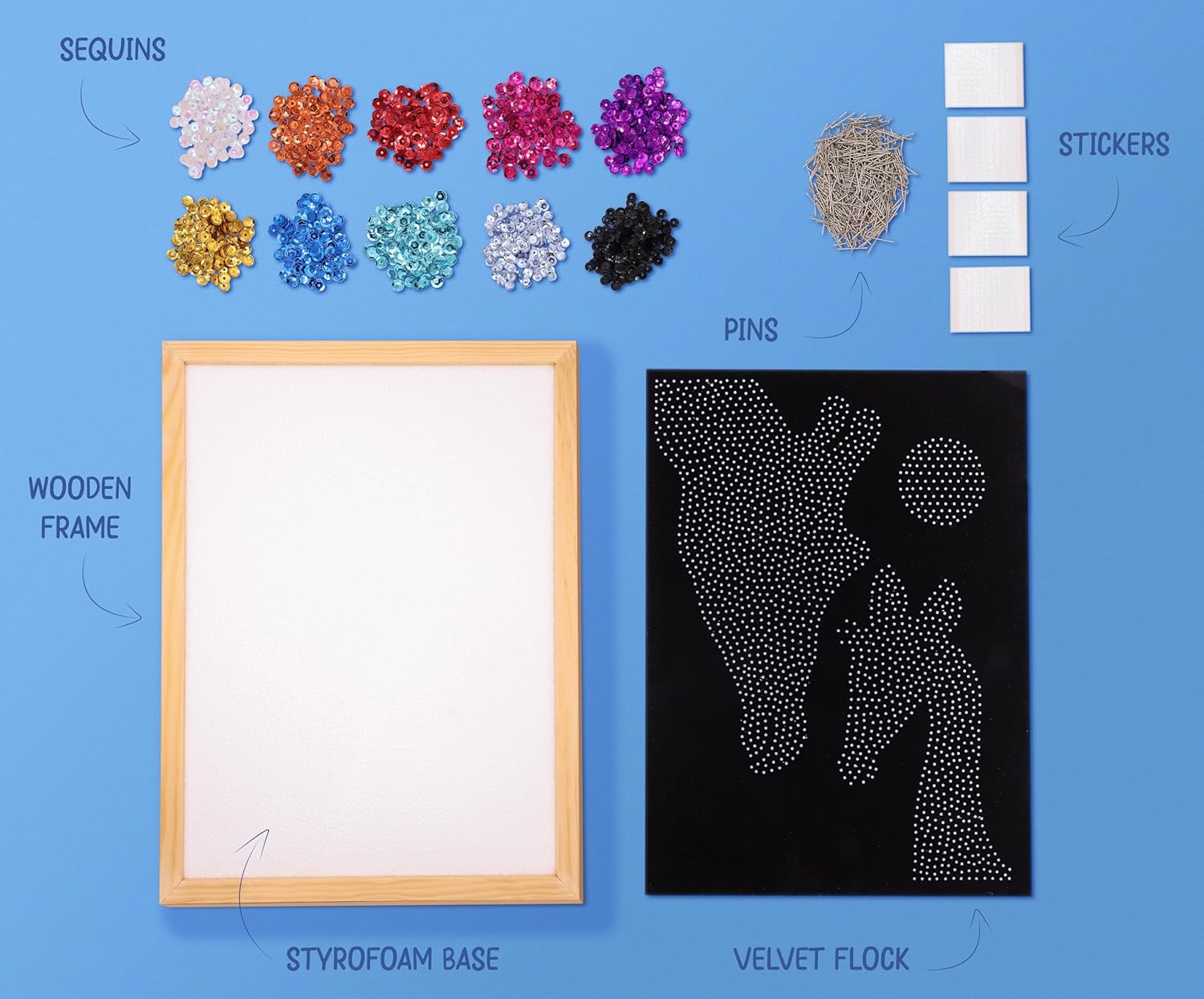 Kitfix - Sequin Art Giraffe & Calf with Wooden Frame - 27 x 36 cm - Sequin Art Blue Premium - Sequin Picture - Craft Set for Teenagers, Adults and Children 8+ - 2218