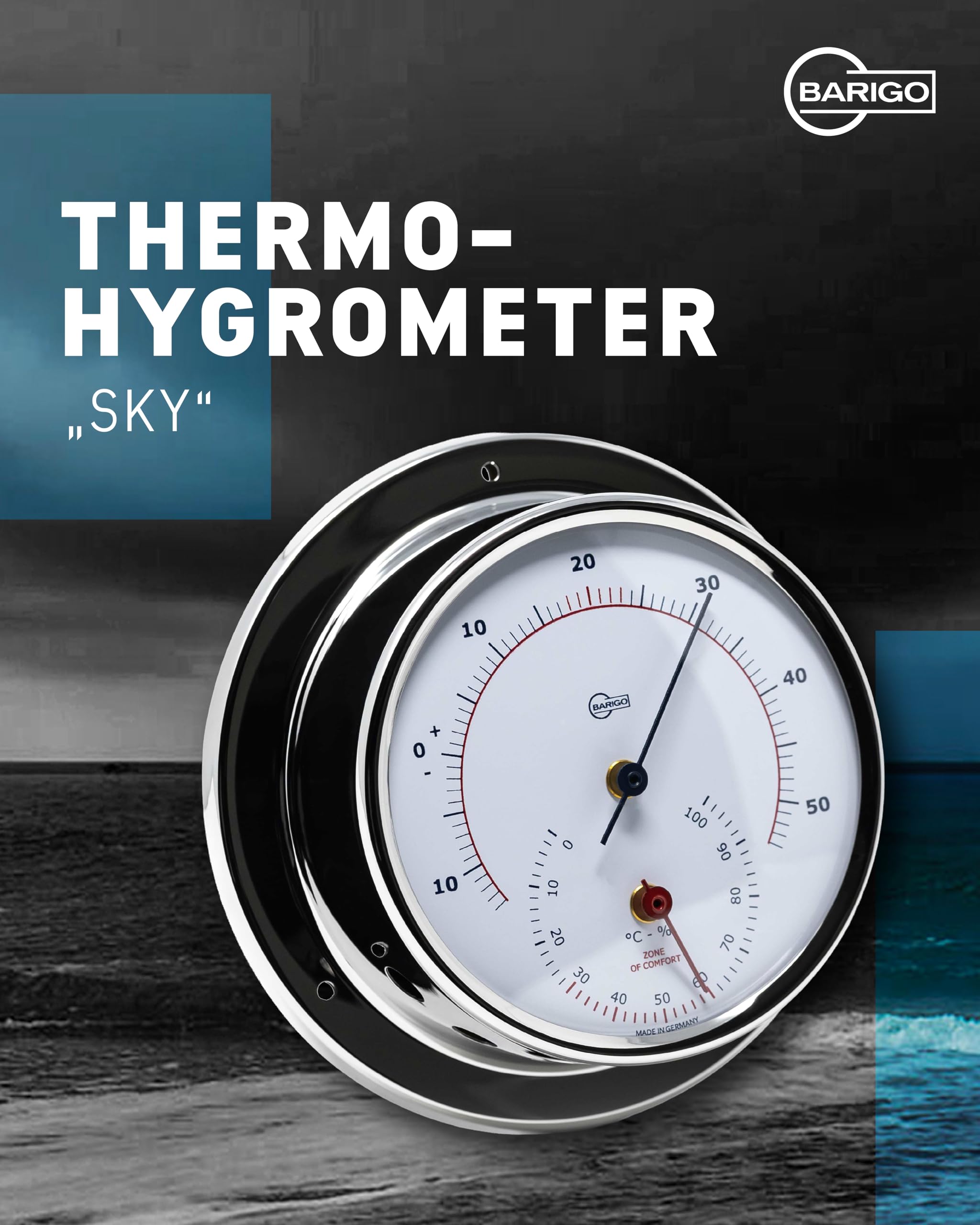 BARIGO 983RFPO.AV SKY - Termoigrometro sintetico, 110 x 35 mm, con termometro bimetallico, in acciaio inox lucido, scala rosso-blu