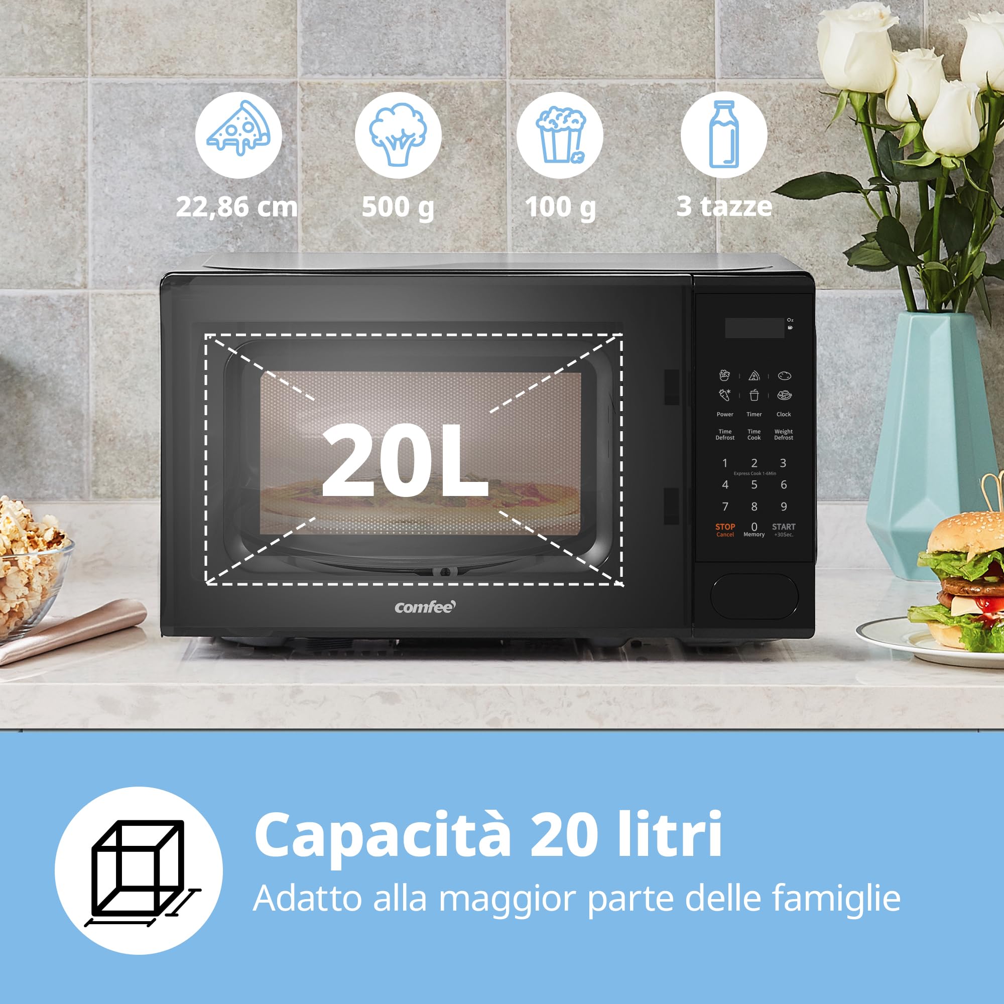 COMFEE' Forno a Microonde Digitale, 700W, 20L, 6 Menù Preimpostati, Express Cook, 11 Livelli di Potenza, Scongelamento, Funzione di Memorizzazione - Nero - CM-E202CC(BK)