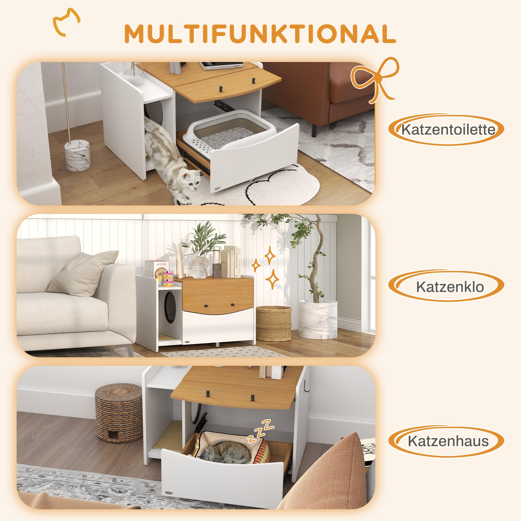PawHut Katzenklo-Schrank 2 in 1 für Katzen unter 5 kg 78 x 50 x 51 cm Eiche | Katzenschrank, Versteckter Katzentoilette mit Ausziehbarem Schrank, Streuauffangmatte, Katzenhaus