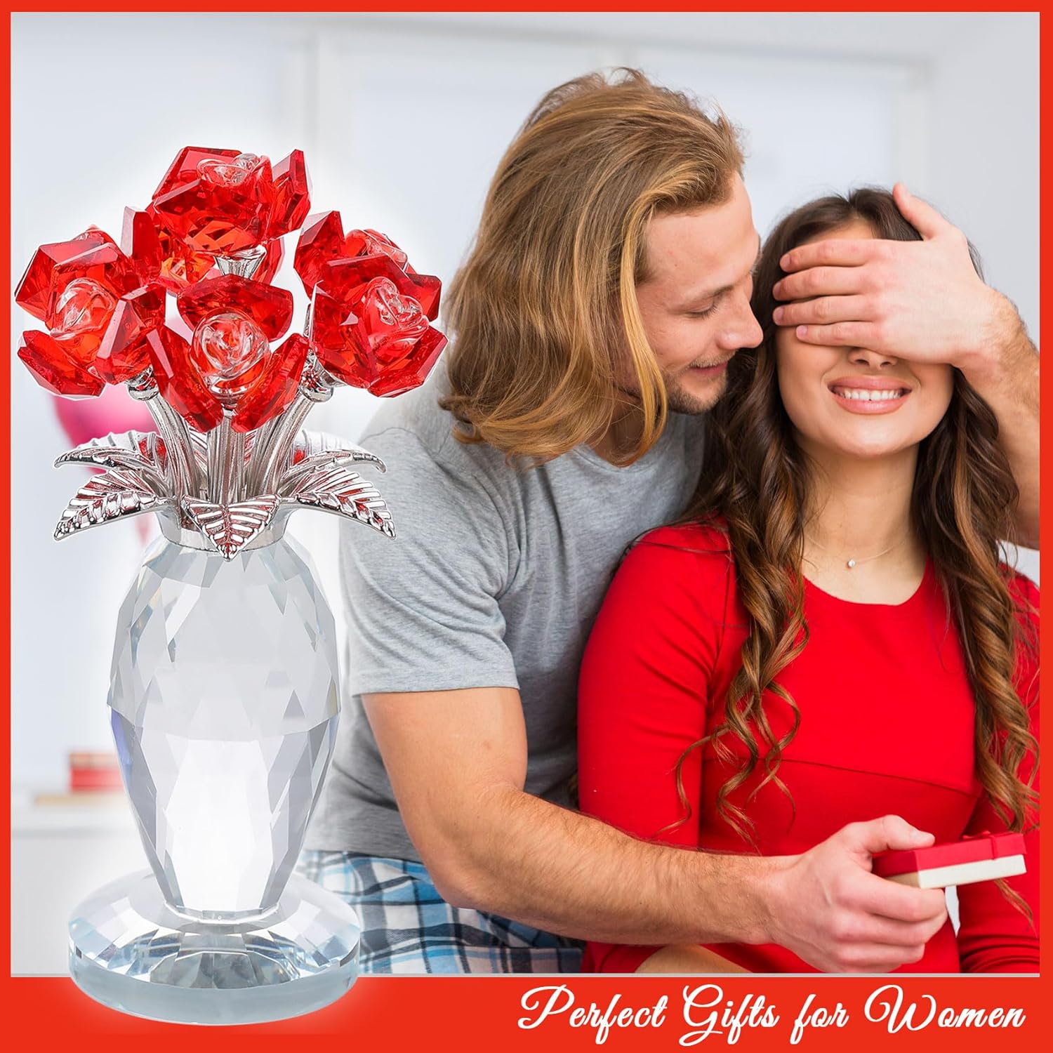 Enjinkail Glass Flowers Red Rose Crystal Figurine Handmade Ornament, Romantic Rose Themed Home Decor Gifts for Her Grandma Mom Wife on Mothers Day Christmas Wedding Retirement - Image 4