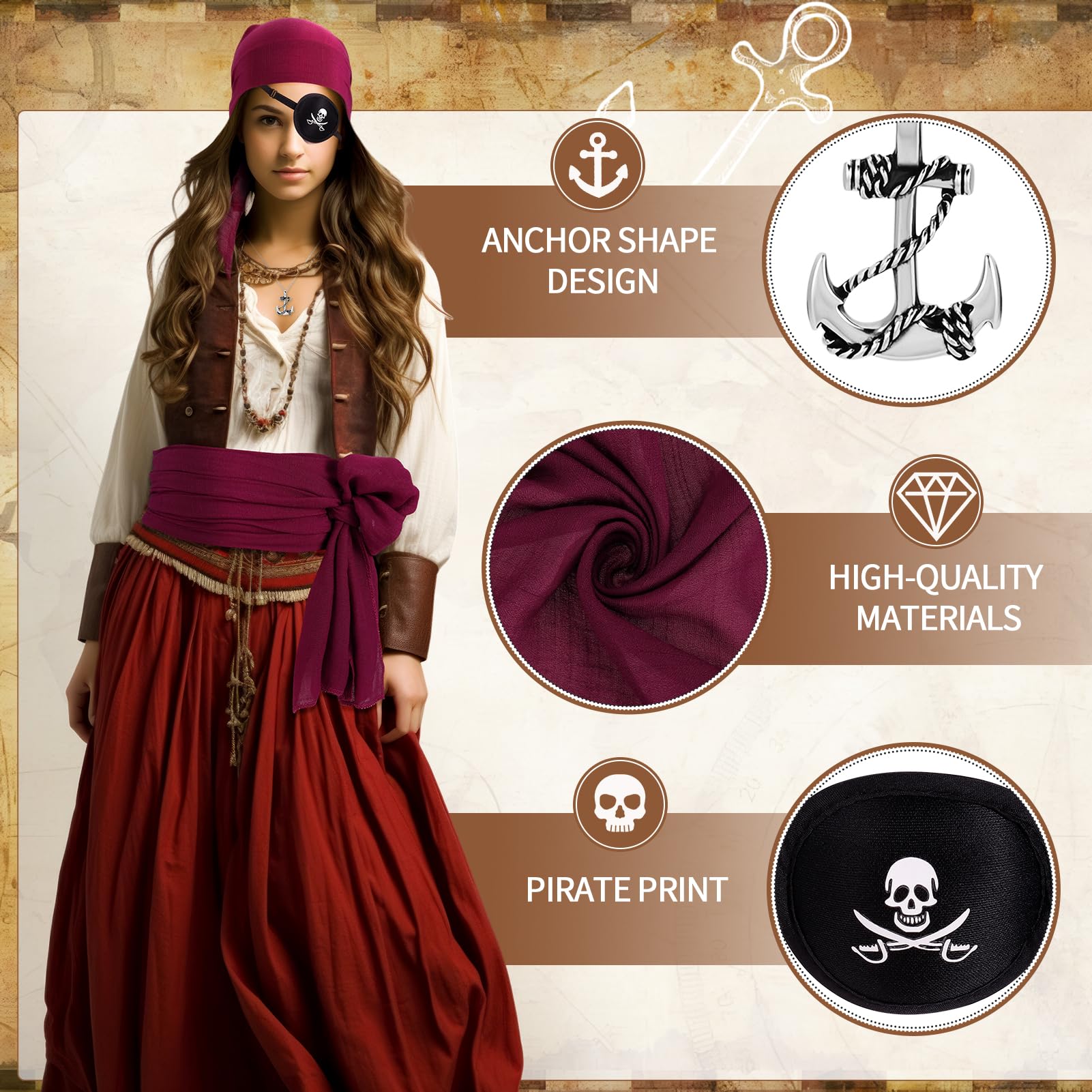 GSrenyu 5 Pcs Pirate Accessories for Adult Kids Pirate Bandana Belt Eye Patch Earring Necklace for Fancy Dress Festivals Cosplay - Image 3