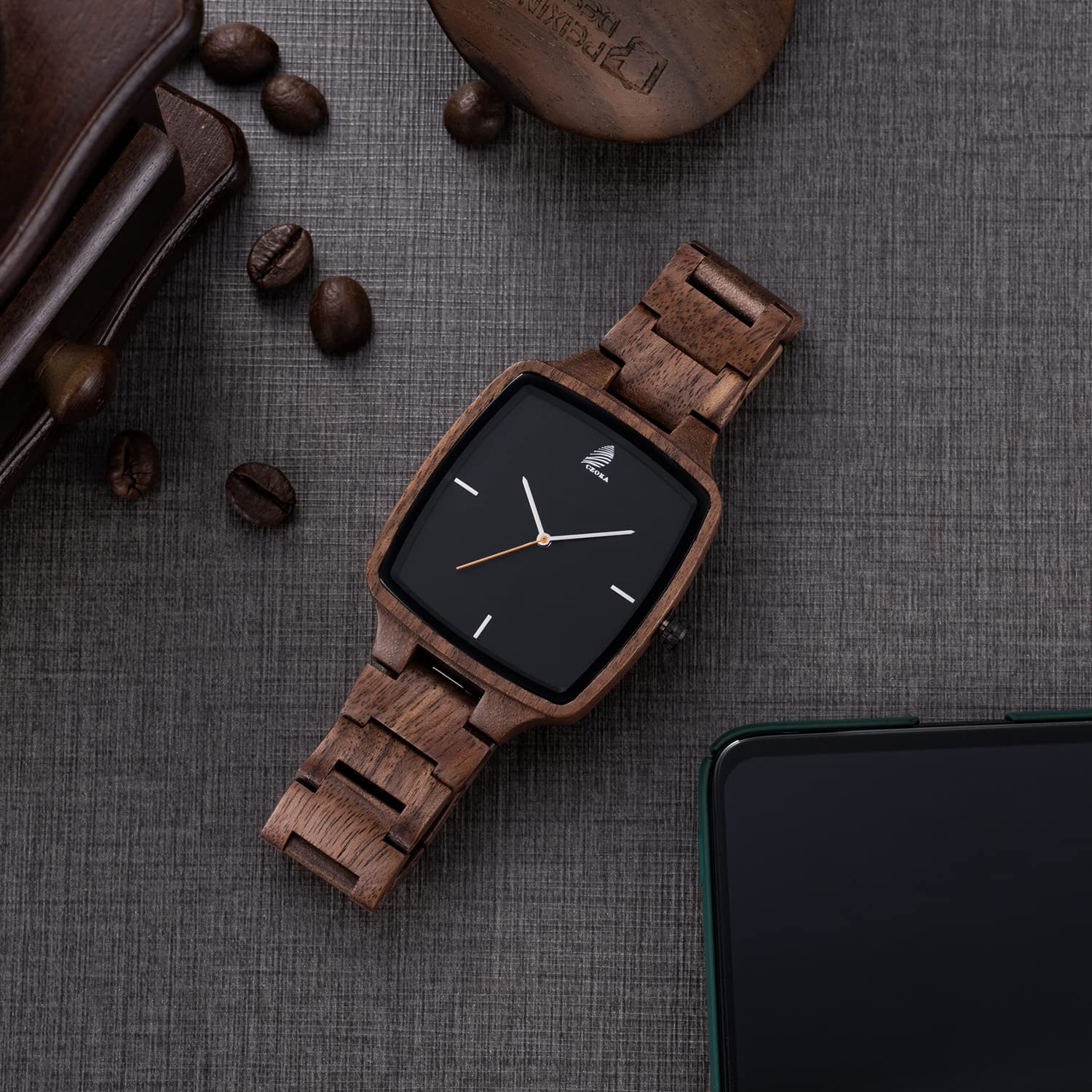 CZOKA Orologio da Uomo e donne in Legno, Noce nero naturale/oliva Orologio di Legno con Movimento al Quarzo Giapponese, con cinturino regolabile