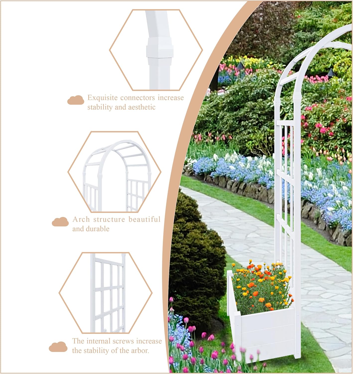 No-Dig 40" W x 86" H Vinyl Arbor with Planter Box, Vinyl Planter Arch with Trellis, Garden Arbor for Climbing Plants, Yard, Garden or Pathway, White