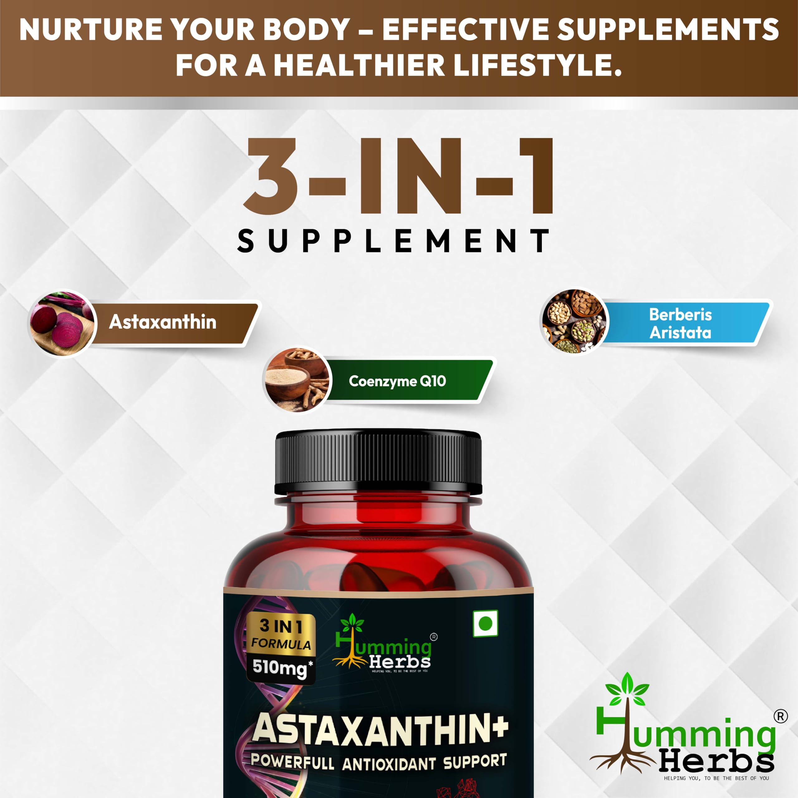 Humming Herbs Astaxanthin Plus with Coenzyme Q10 & Berberis Aristata for Great Antioxidant Support - Promotes Skin Health, Eye Protection & Joint Comfort 3