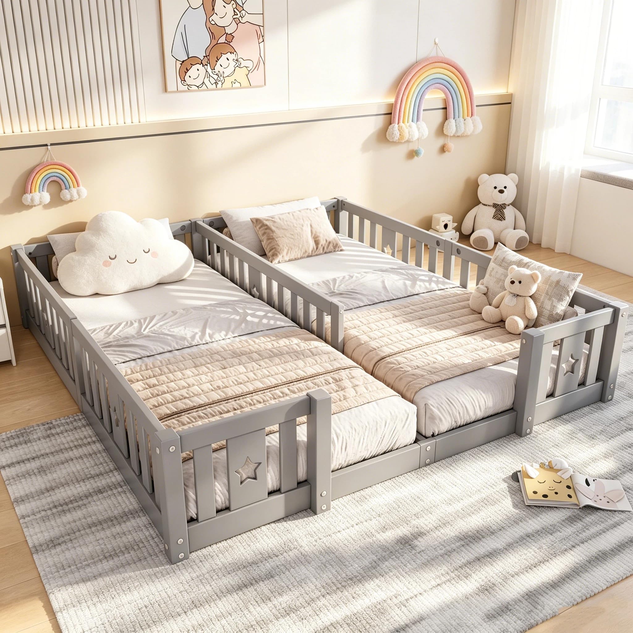 BRILVERDE Letto a terra per bambini 180x200 cm, struttura in legno massiccio con protezione anticaduta perimetrale – con rete a doghe, letto per bambini, letto per adolescenti, in legno di pino – per