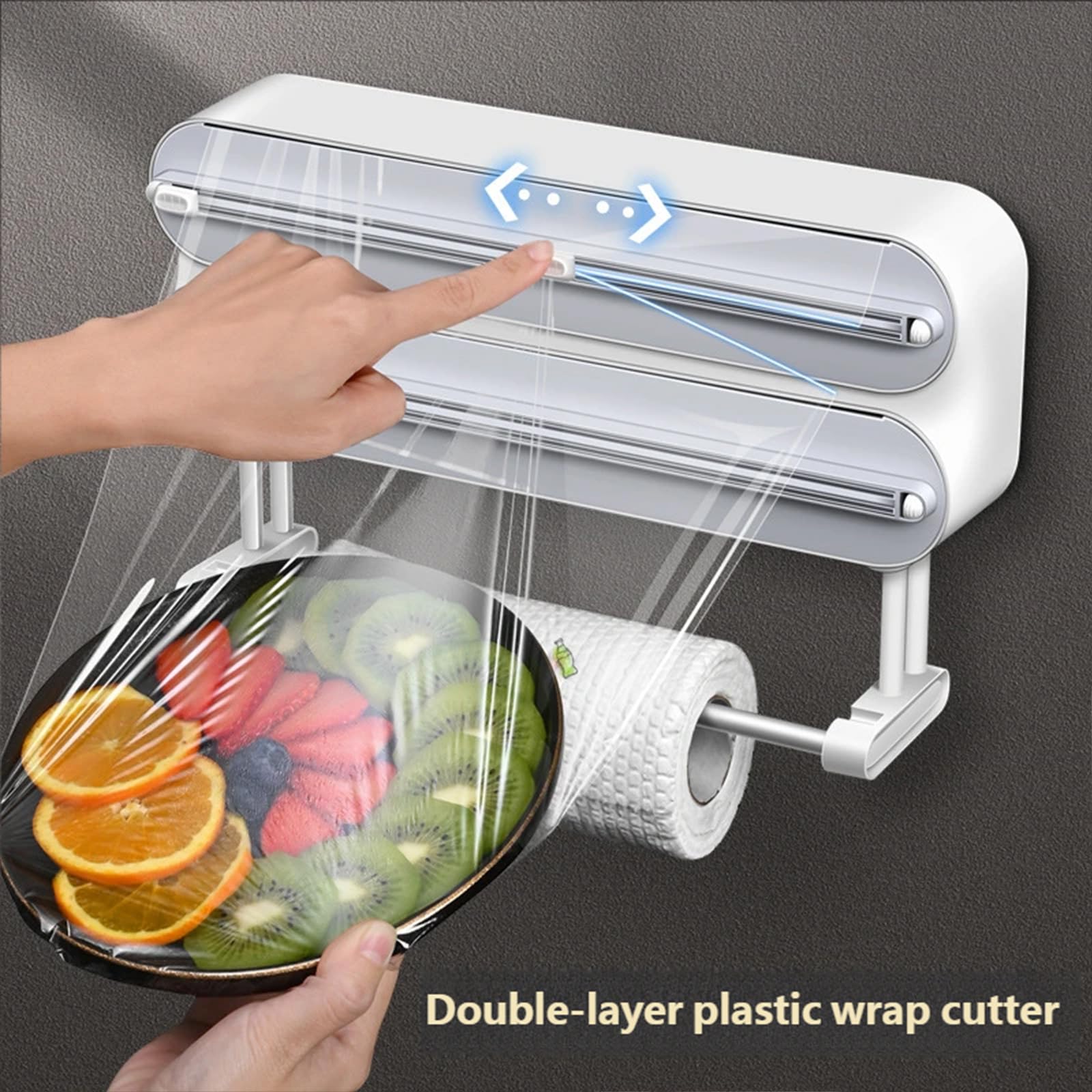 Práctico dispensador doméstico de 4 vías para película plástica, metálico y paño de Cocina, Tiene función de Rasgado fácil, Estante de Almacenamiento para película Adhesiva