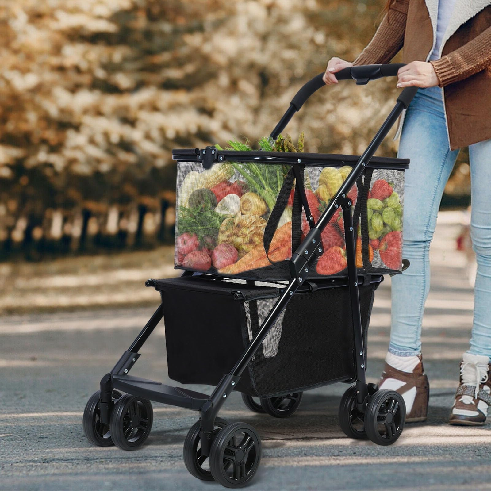 Collapsible Shopping Cart with Wheels, Foldable Utility Trolley