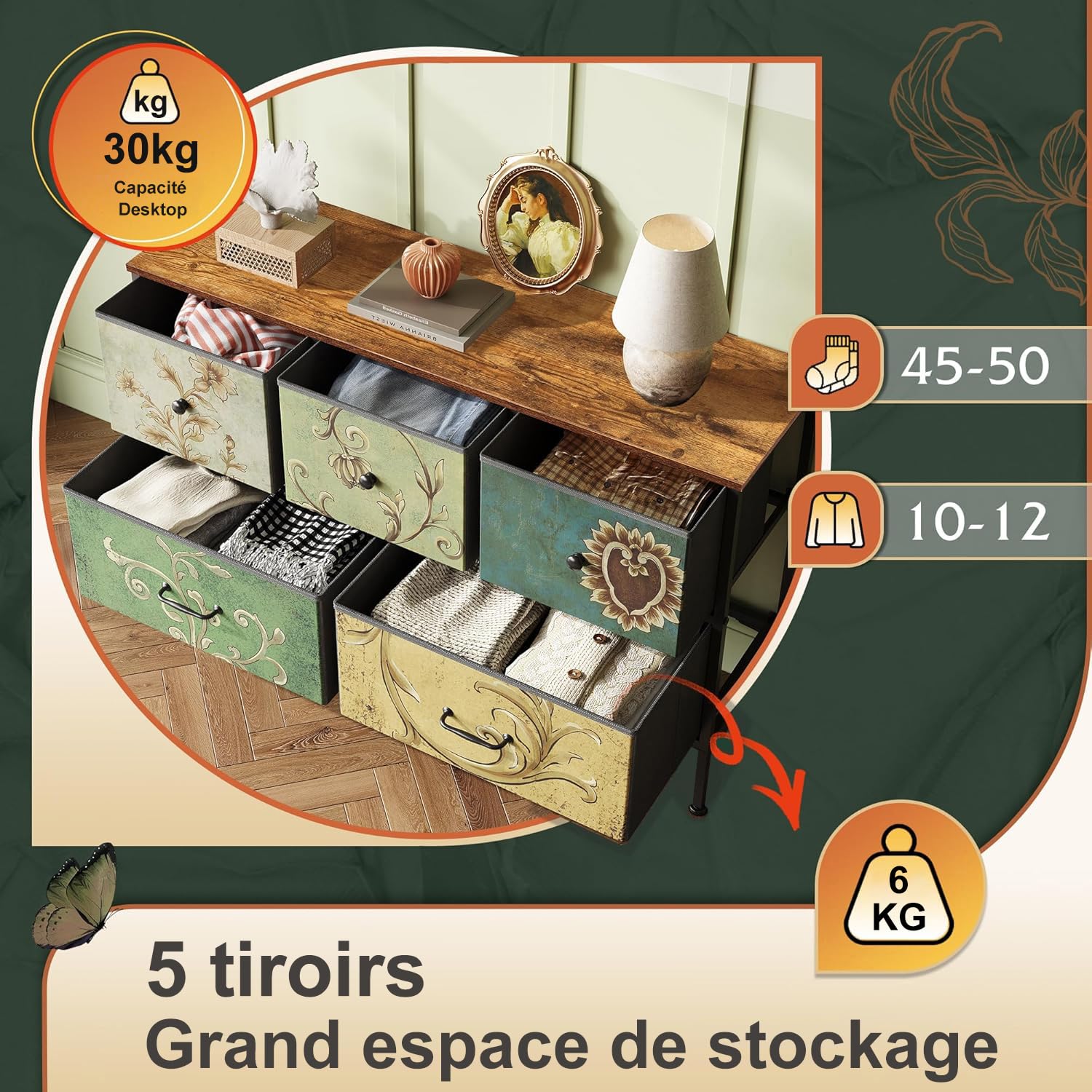 Comò camera da letto con 5 cassetti, design industriale, con piano in legno e cassetti retrò. Perfetto per cassettiera per bambini, mobile portaoggetti camera da letto e mobile industriale legno