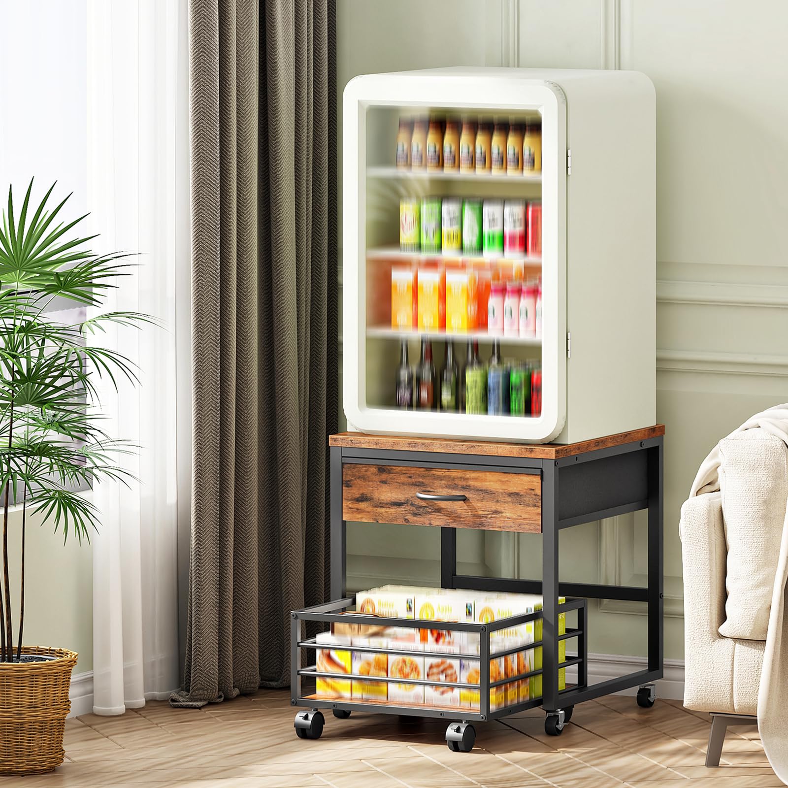 HOOBRO Supporto per Mini Frigo con Cassetto in Tessuto e Cestello Scorrevole, Tavolo per Minifrigo per Bevande con Ruote, Struttura Robusta per Cucina, Ufficio e Dormitorio EBF655BX01