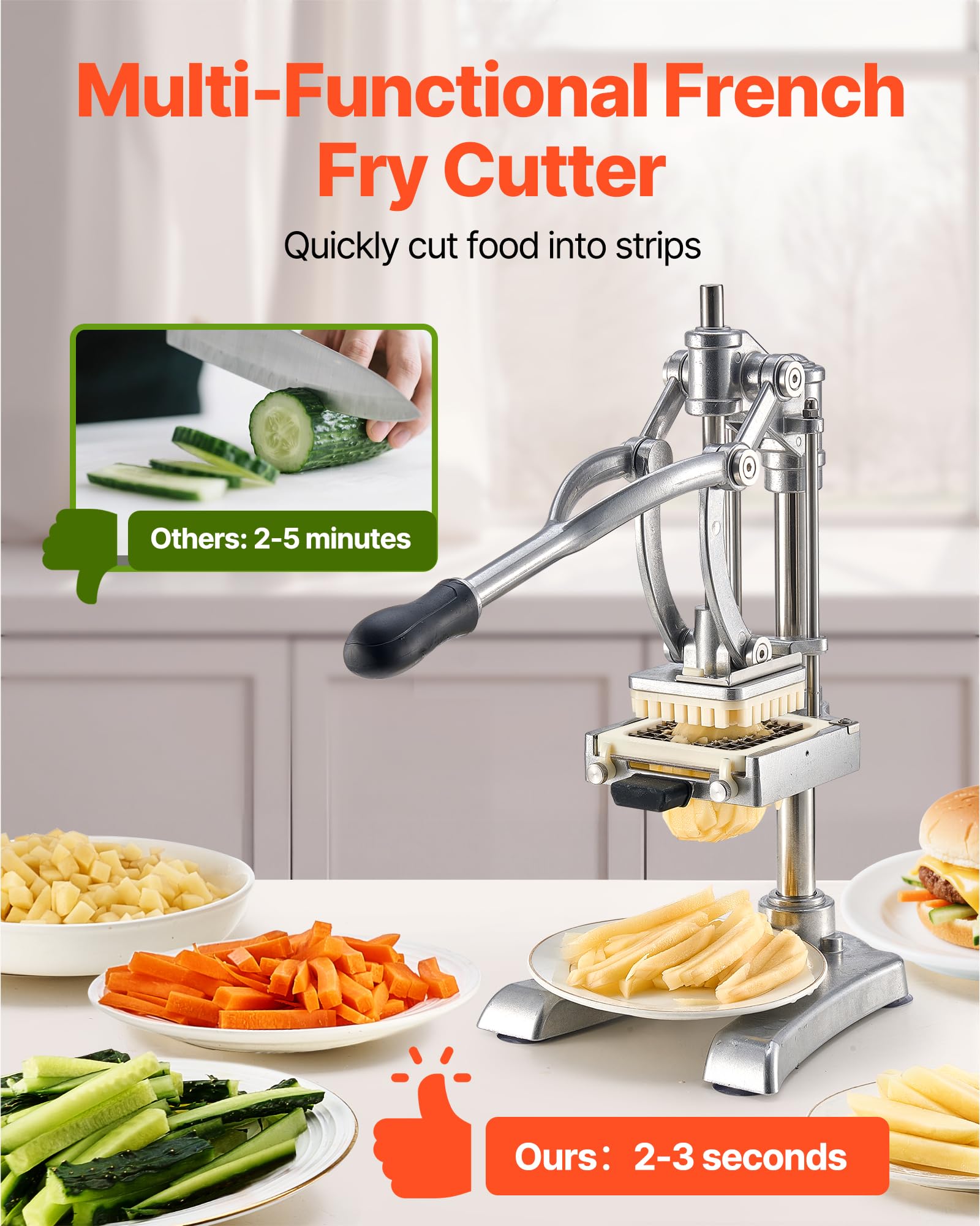 VEVOR Coupe-Frites Pomme de Terre Professionnel Manuel, Coupe-Légumes et Fruits Multifonction, en Inox, avec 3 Lames de Rechange 12,7/9,5/6,4 mm et 1 Lame à Jus, pour Cuisine Restaurant Maison