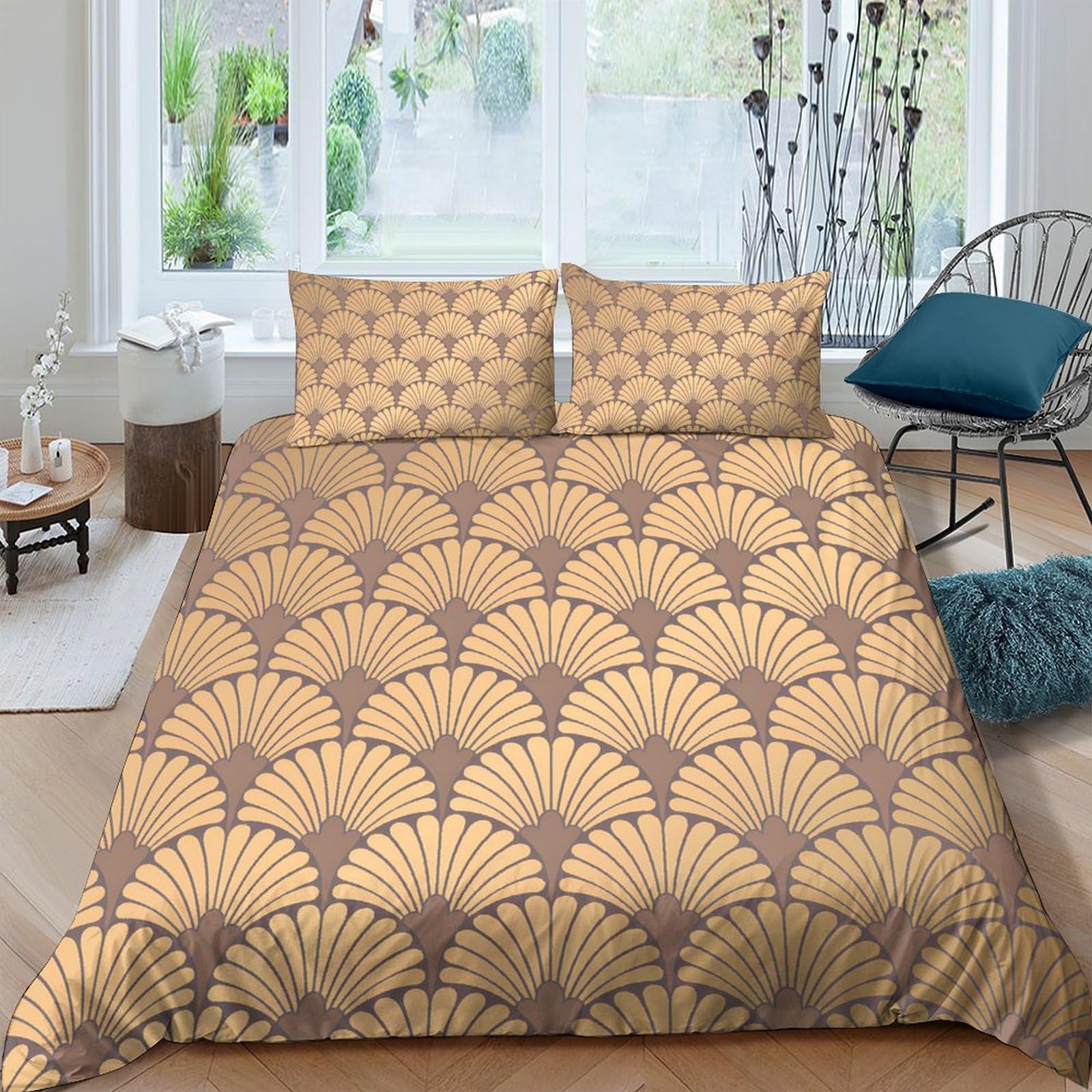 Ctjqhvkz Style-1 3D Printed Art Deco Fan Pattern Fitted Sheet Microfiber Soft Brown Gold Geometric Bed Cover For Bedroom Guest Room Single（135X200cm）