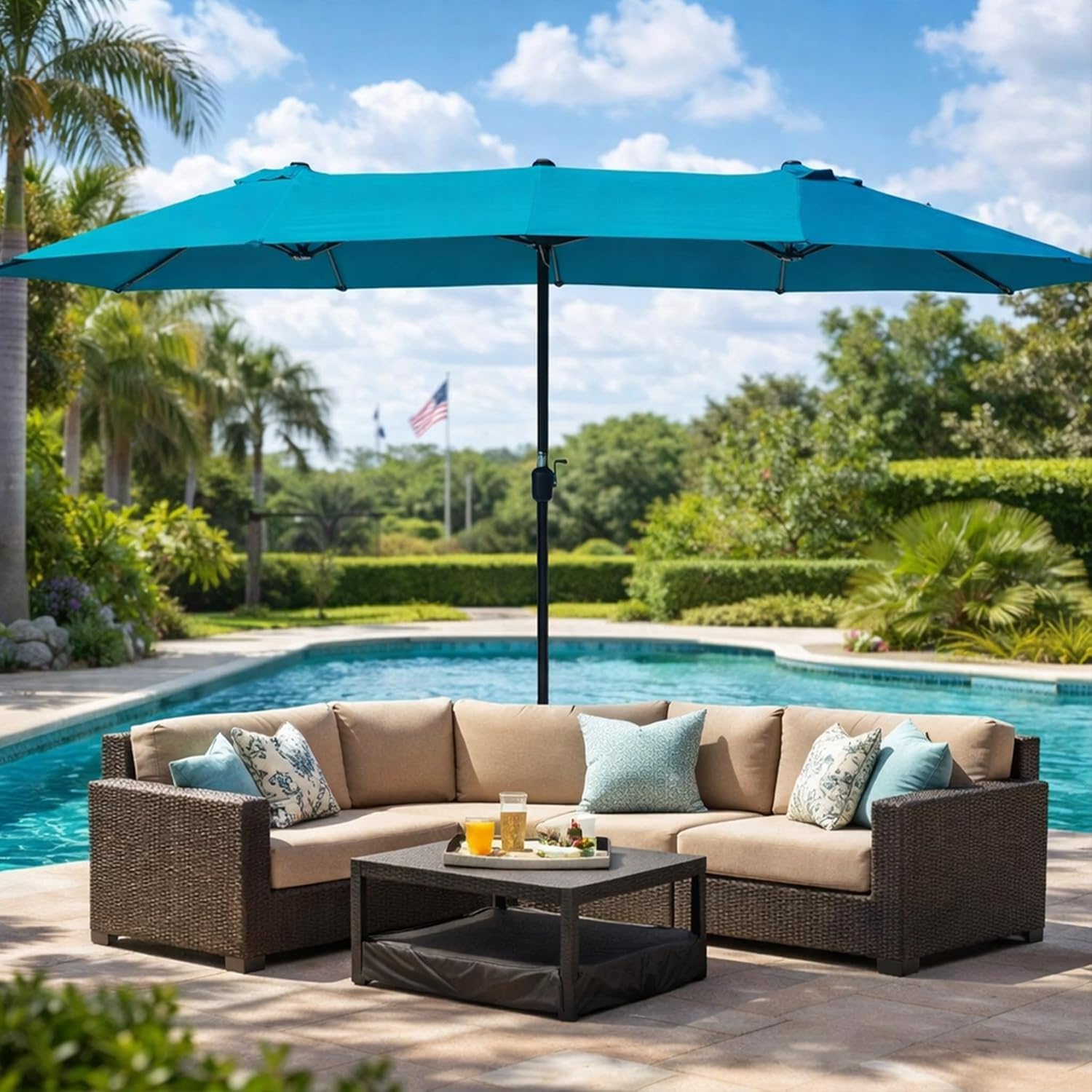 Kozyard 15ft Double-Sided Rectangular Patio Umbrella, Base Included, Crank Lift Outdoor Market Umbrella with UV Protection for Backyard, Pool & Garden Blue