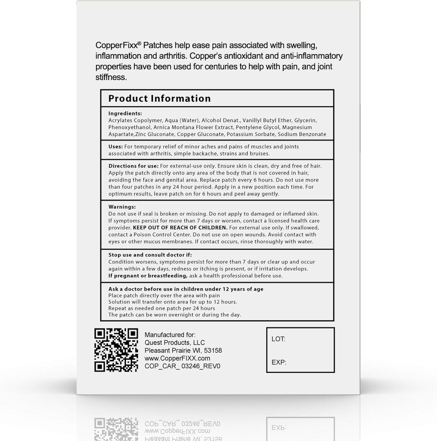 CopperFixx® Pain Relief Patches, powered by Copper with Heat Technology with Arnica for Muscle Pain and stiffness and Joint Inflammation, Knee, Back, Shoulder and Arthritis Pain. Fast Acting, 14 Count : Health & Household