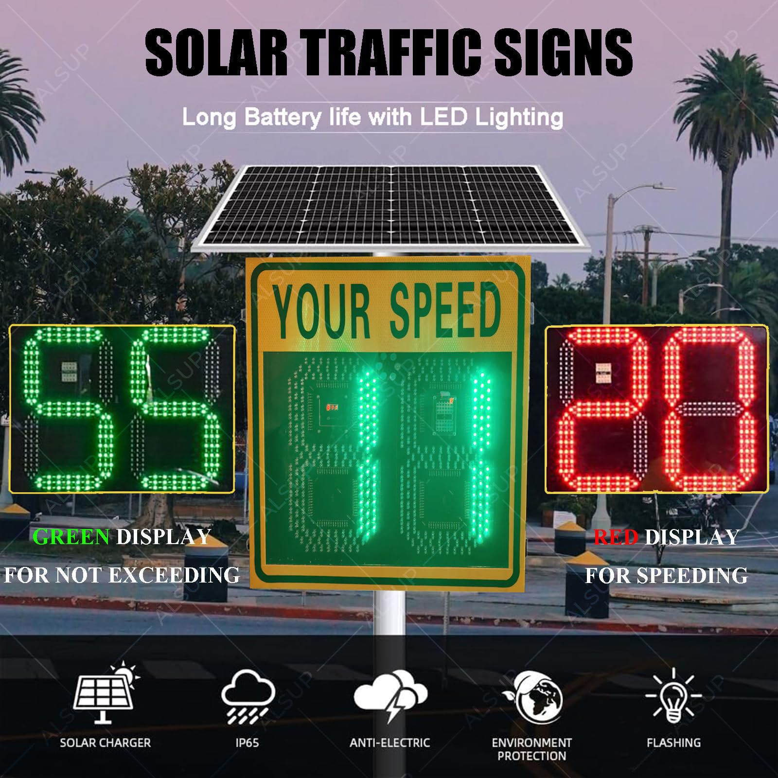 Señal de retroalimentación de radar con energía solar, tablero de advertencia de límite de velocidad LED para carreteras, calles, vecindarios, carreteras, 20 x 27 pies, 24 x 35 pies, opciones de