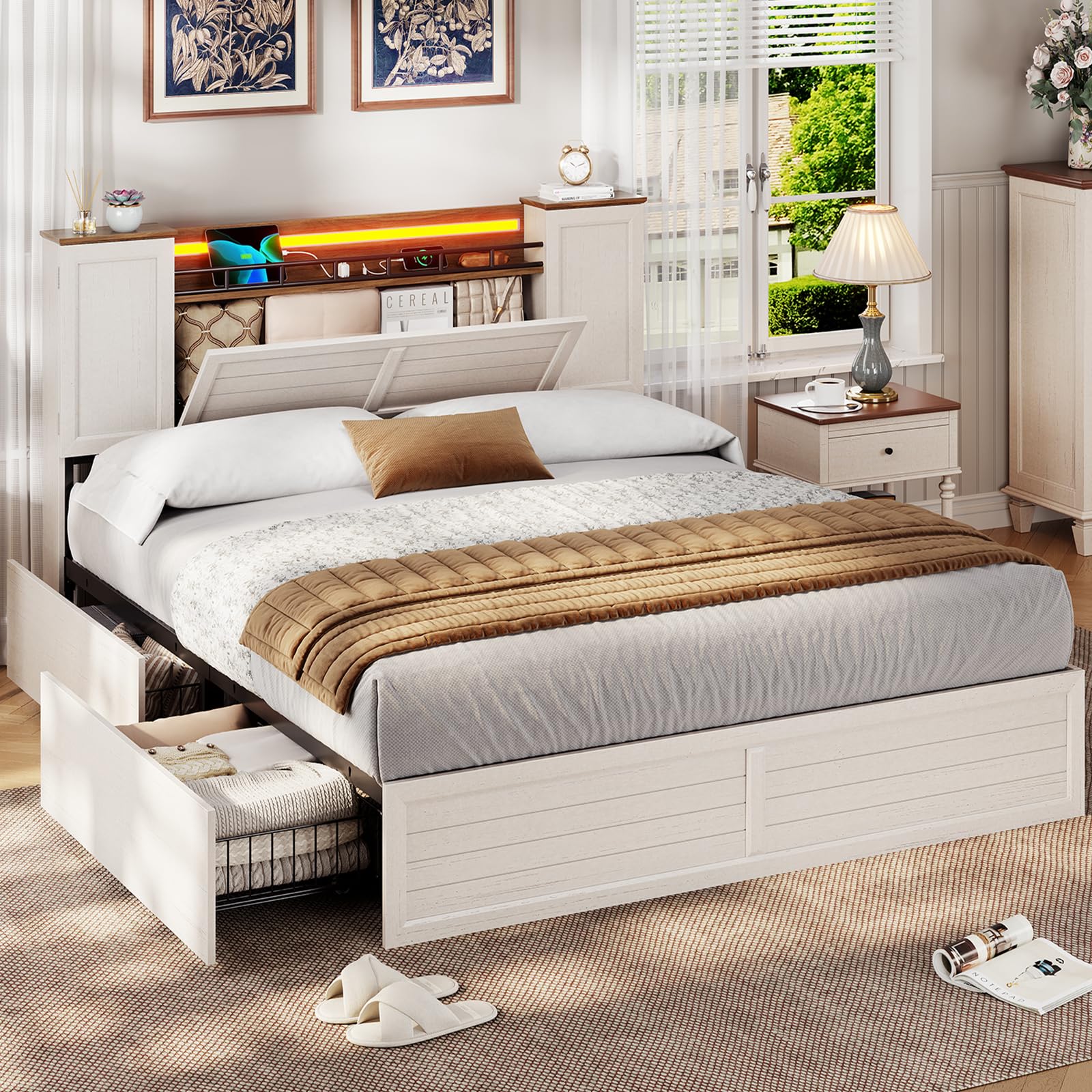 VIAGDO Farmhouse Full Size Bed Frame with Headboard and Double Barn Door Storage Cabinets, Rustic Wooden Bed Frame Full with Charging Station, 4