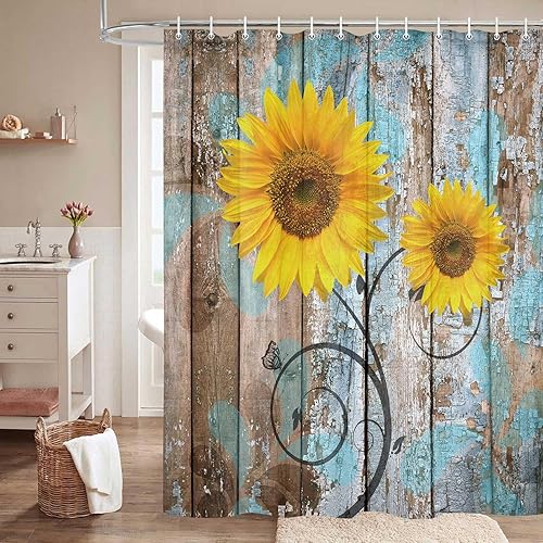 Miniatura 4 de JAWO Cortina de ducha rústica de granja, cortina de ducha de tela de madera de granero rural con girasoles, flores florales de otoño, juego de