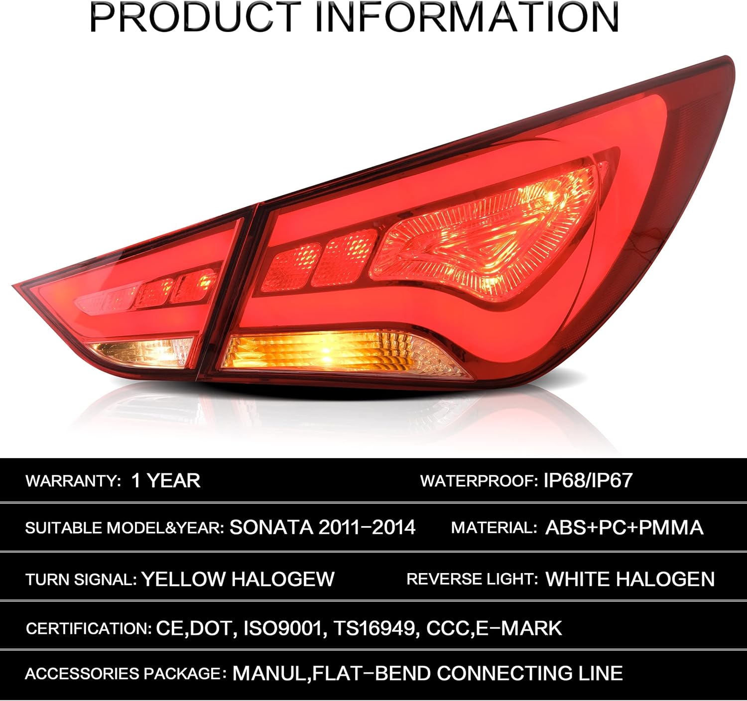 VLAND Tail lights Assembly Fit for Hyundai Sonata 6th Gen Sedan 2011 2012 2013 2014(Only for US Version), Rear Lamp with DRL, Back light w/Reverse Lights & Turn Signal, Red Smoked