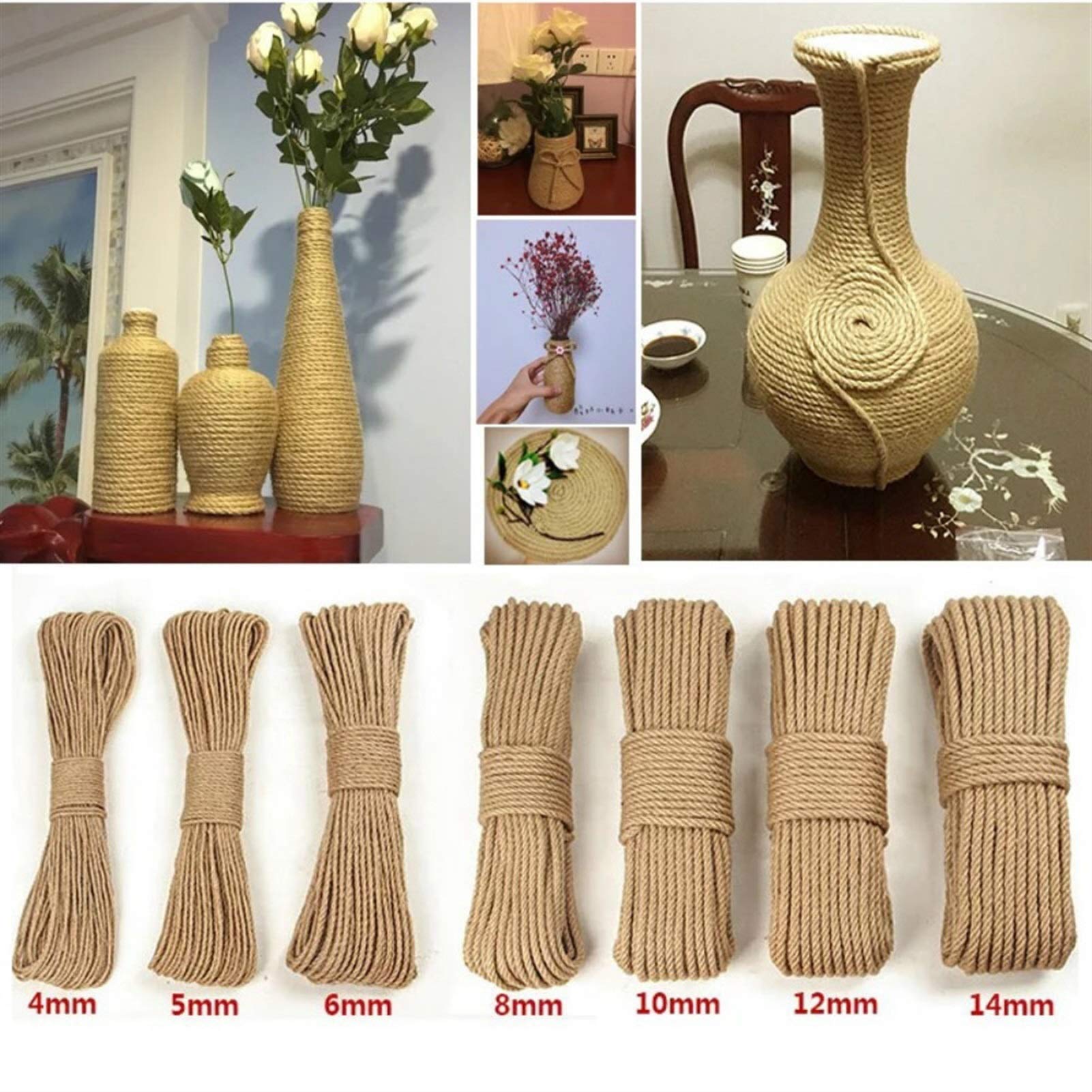 Zkenshan-Ficelle Jute Jute corde ficelle rouleaux de corde de chanvre cordon macrame chaîne de bricolage artisanat panier chat animal gratter décor à la main 10mm, fibre de jute naturelle