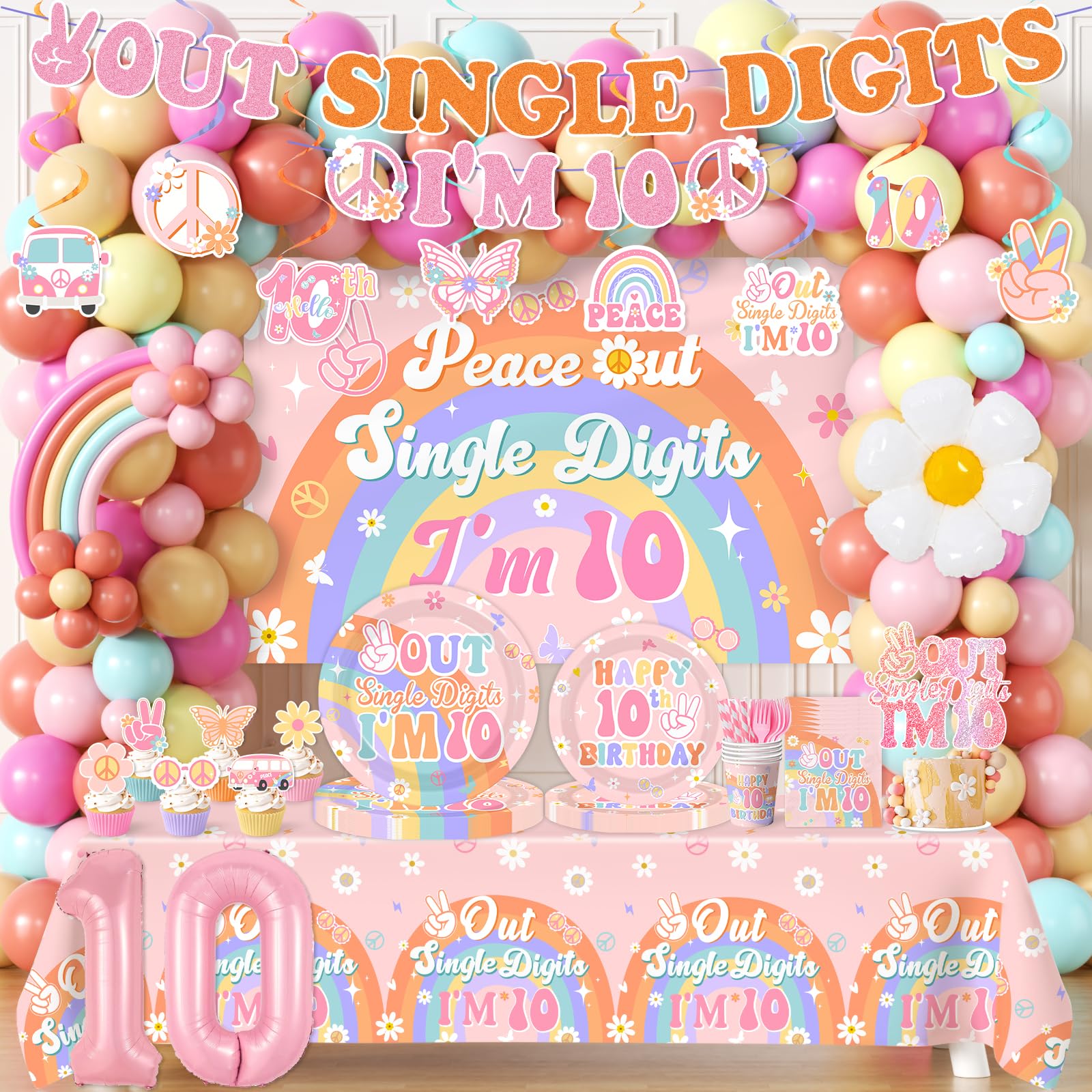 Photo 1 of 10th Birthday Decorations for Girl,288pcs Peace Out Single Digits Party Decor Groovy Double Digits Birthday Girl Plates and Napkin Cups Tablecloth,Cake Topper,Honeycomb Balloon Kit