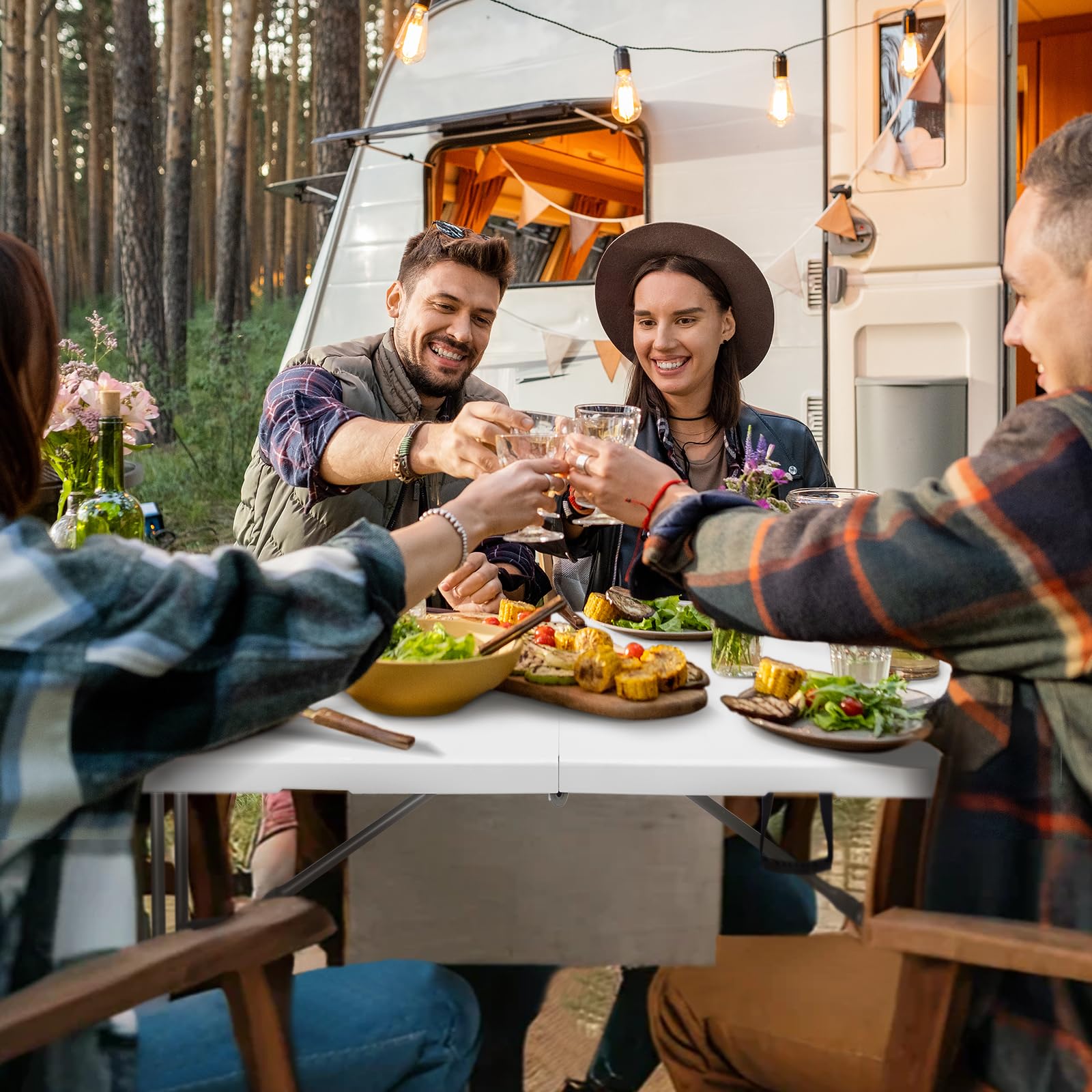 TEENO Table Pliante 180x74x74 cm 6 Or 8 Places,Table Pliante Exterieur avec Verrou de Sécurité,Poignée de Transport,Tableaude Jardin Pliantes Blanche, Parfaite pour Buffet,Fêtes et Camping