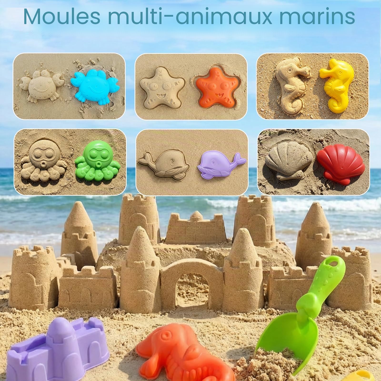 35 Pièces Jouet de Plage, Jouets de Sable de Voyage avec Seau Pliable, Véhicules Construction, Pelle, Ensemble Jeux Jouet Bac a Sable, Jeux de Plage avec Sac en Filet pour Enfants 3 4 5 6 an
