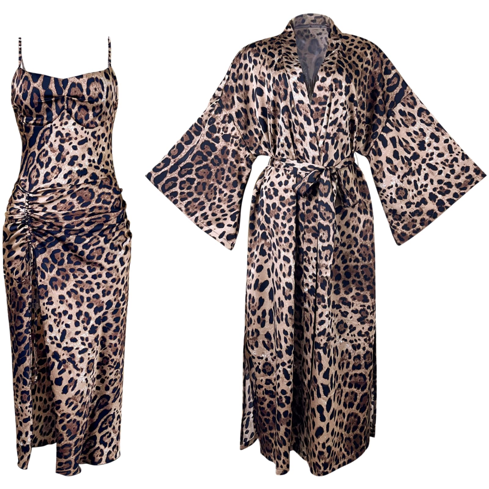 Babydoll in Pizzo Completo da Donna in Due Pezzi con Canotta Spacco Alto E Maniche A Lanterna con Stampa Leopardata.