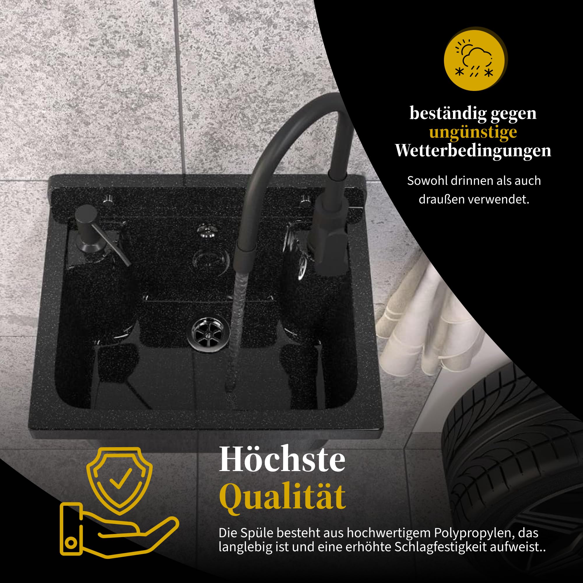 Ausgussbecken mit Mischbatterie undPlatz für Seifenspender Garage Keller Werkstatt und Waschküche - Universal Waschtrog mit Siphon - Waschbecken Wandmontage - 42x34x24 cm - Weiß - Granitan