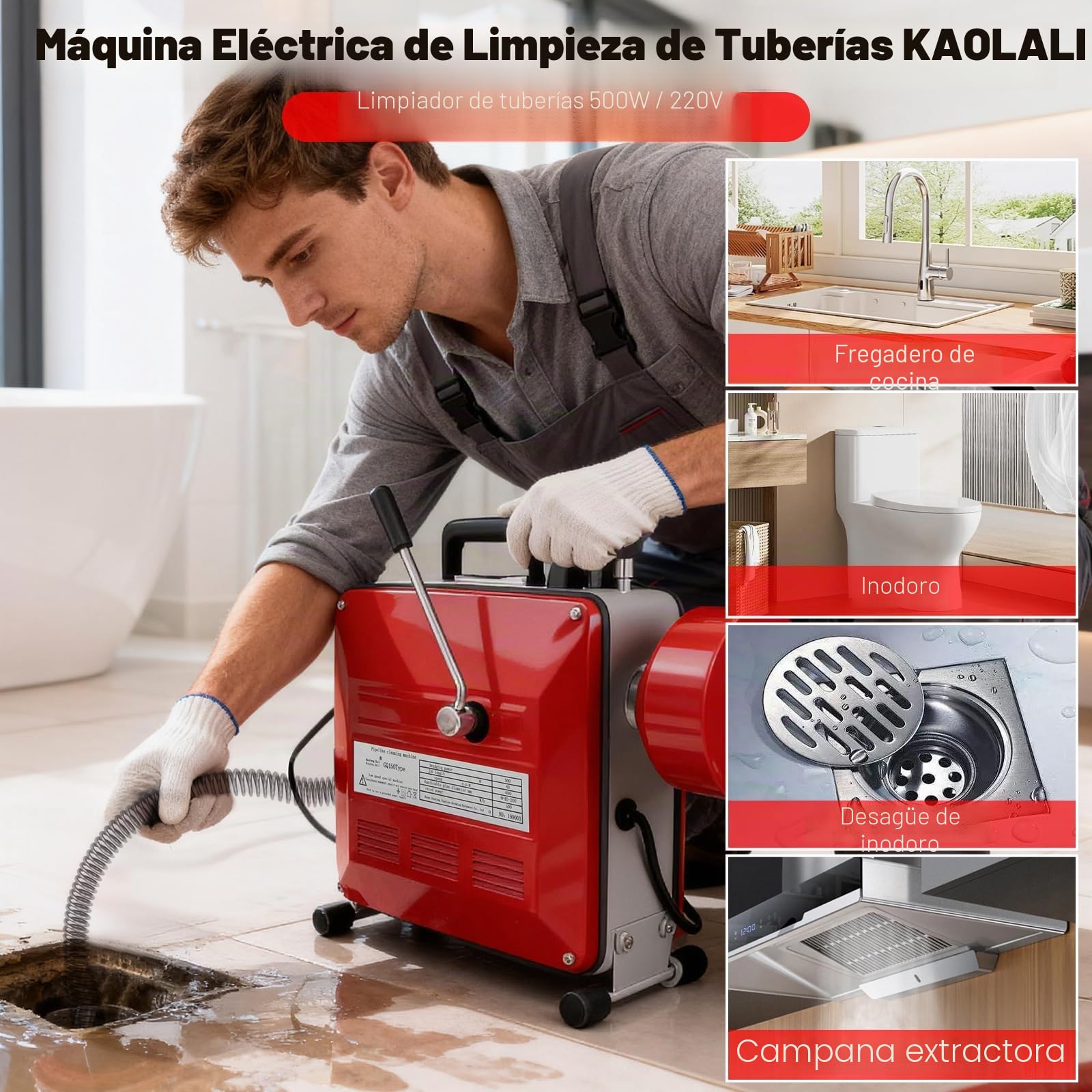 KAOLALI 500W Desatascador de Tuberías Eléctrico, Máquina de Limpieza de Desagües Electrico con 6 Cabezales de Limpieza, para Tuberías de 40 a 110 mm de Diámetro