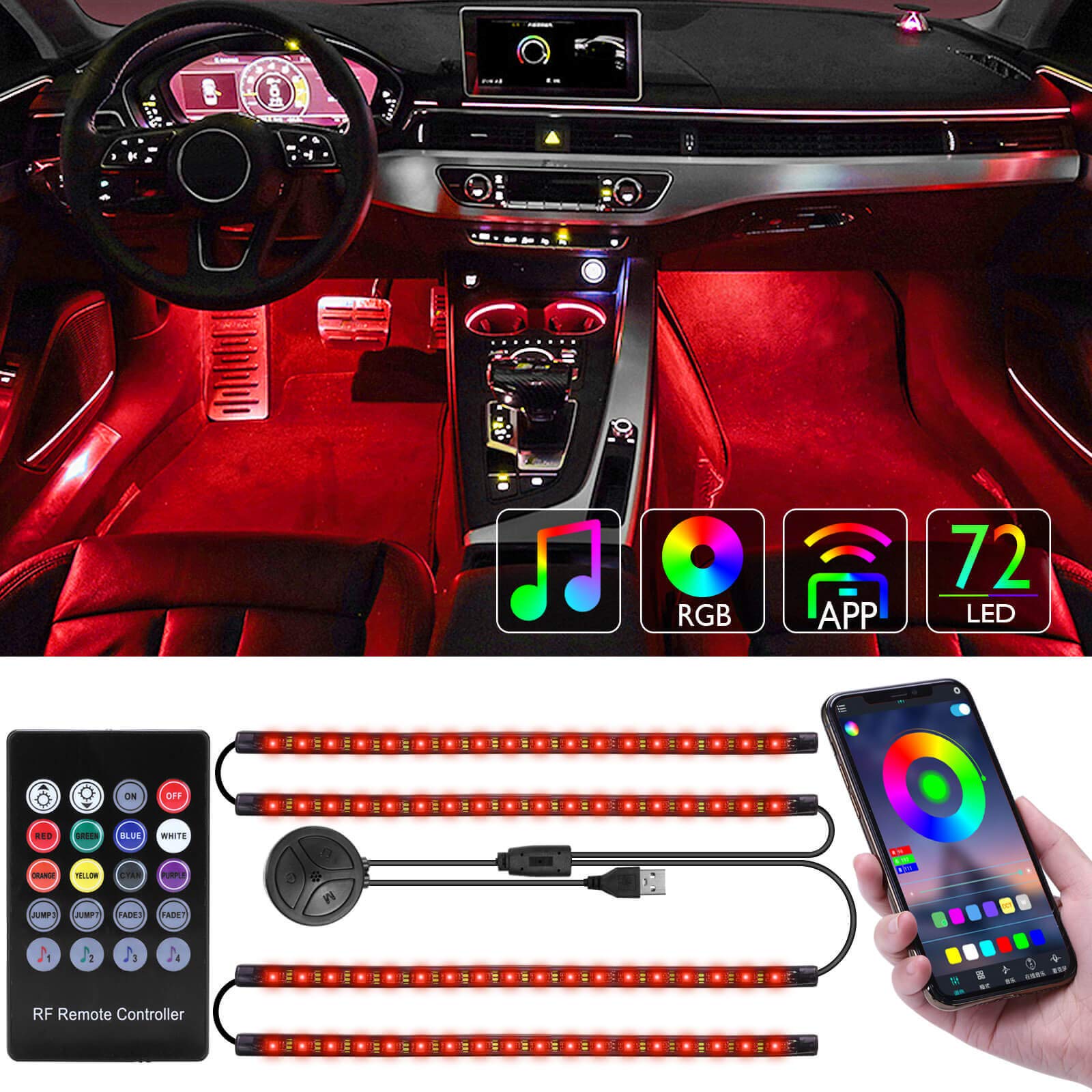 TAVALER 4pcs 72 LED Car Lights Strip USB Wireless APP Remote Control Car Atmosphere Lights with Music Sound Sensor, Multi RGB Colors