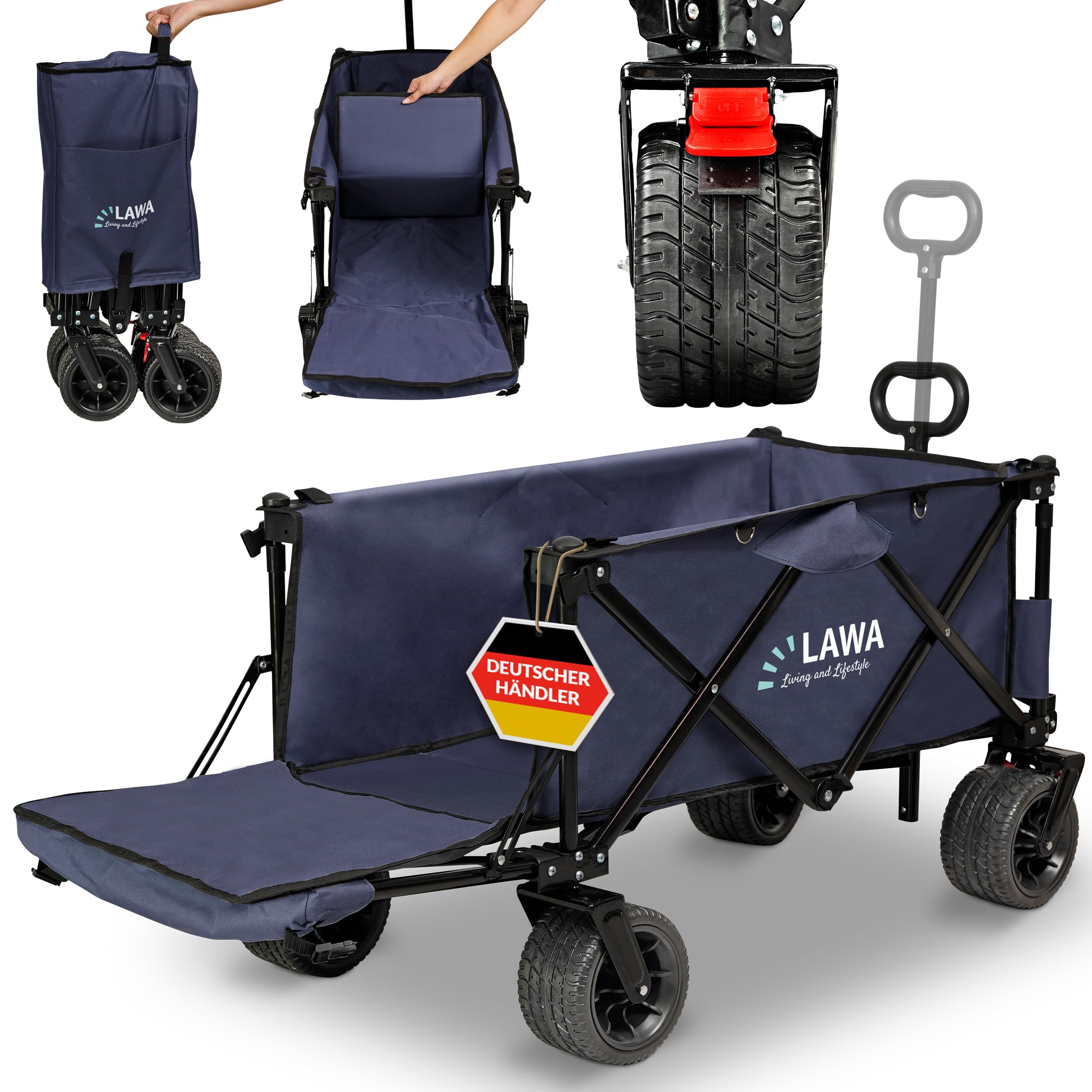 Carrello Campeggio Carro per cani carrello spiaggia bambini Carrozza da spiaggia carrello pieghevole Caricabile fino a 100 kg Pneumatici larghi Freno Portellone posteriore carro da campeggio