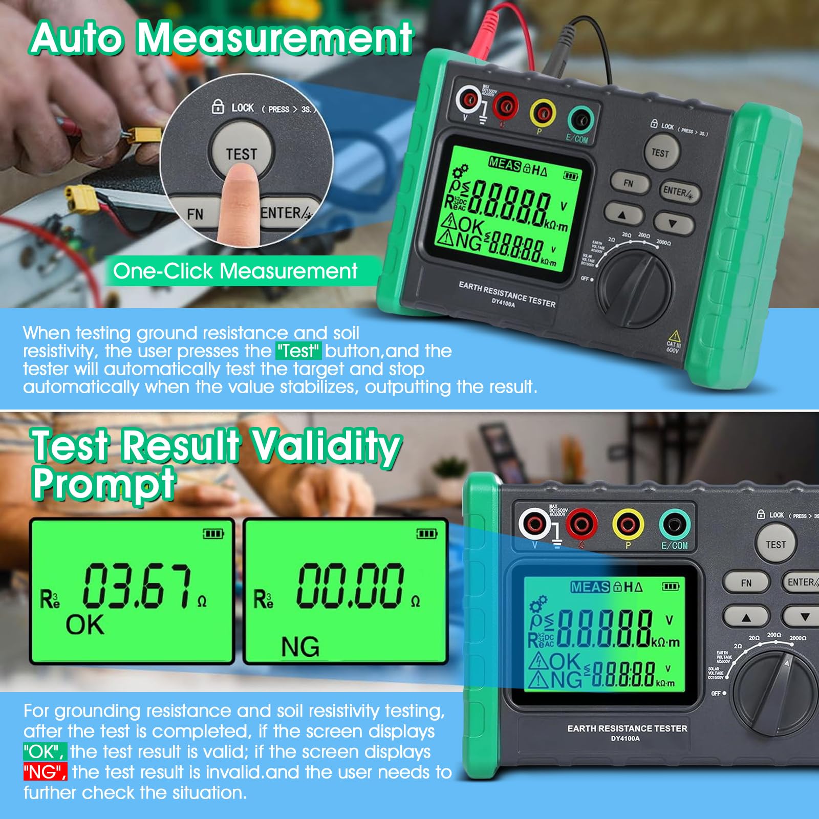 Erdungswiderstandsmessgerät, 0,03–2000Ω Erdungswiderstand Bodenwiderstandsmessgerät 2/3-Draht-Messung AC/DC Spannungsmessgerät Erdungswiderstandsprüfer Earth Ground Resistance Tester