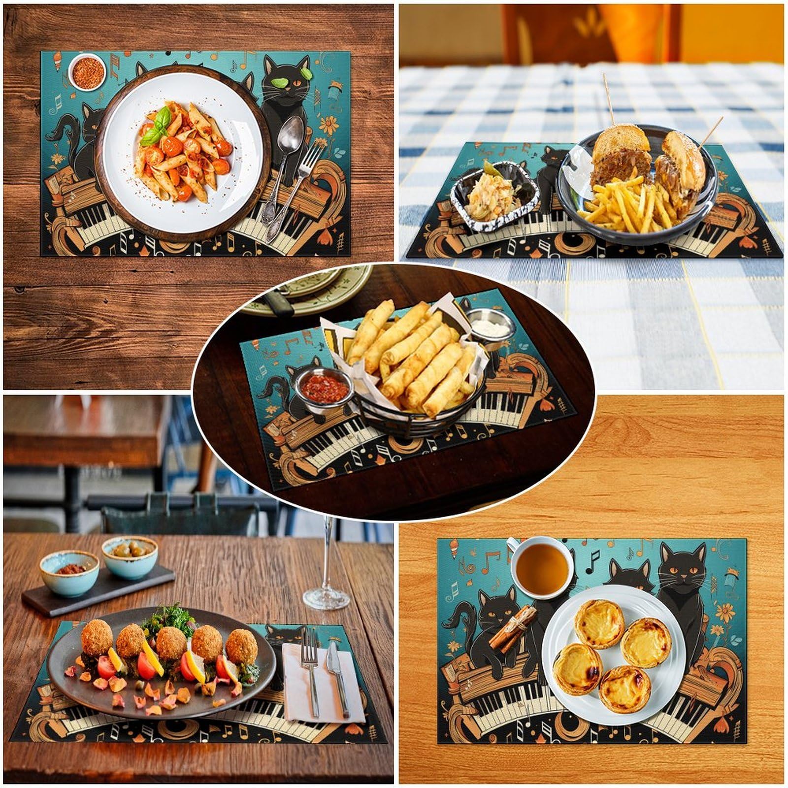 Set di 6 tovagliette all'americana in PVC con quattro gatti neri sdraiati sul pianoforte, lavabili e resistenti al calore, antiscivolo, impermeabili, per tavolo da pranzo per interni ed esterni