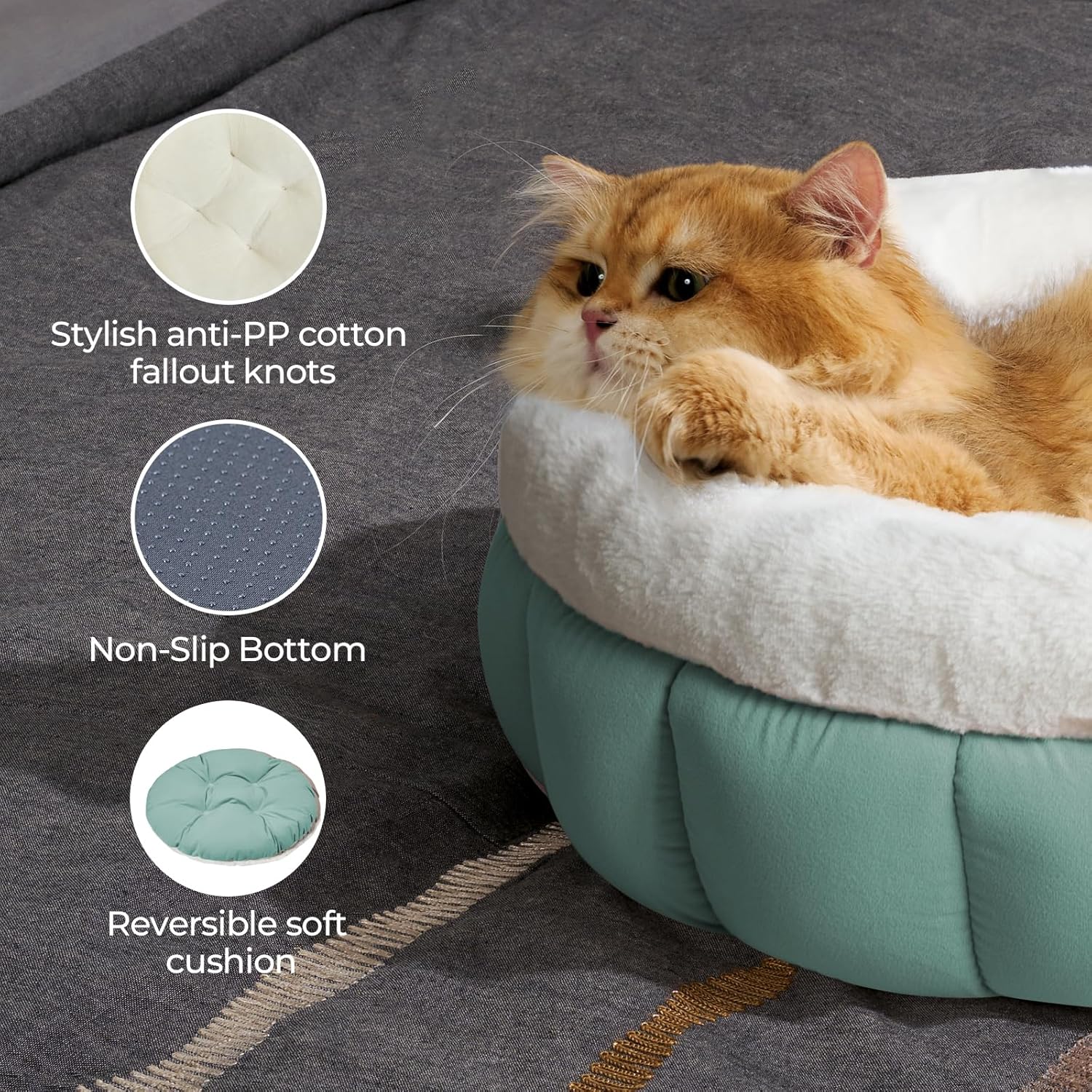 BALANCE Cat Beds for Indoor Cats, Washable Round Dog Bed, Donut Dog Bed with Anti-Slip Bottom for Small Dogs, 28 Inches, Granite Green