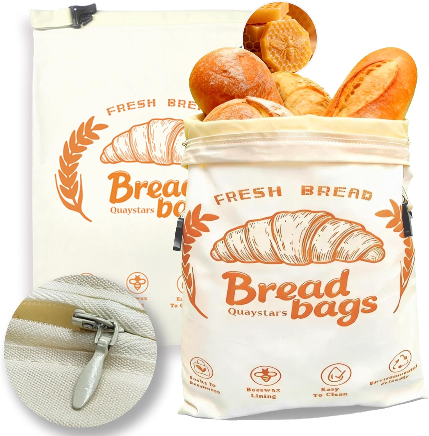 2pc- Beeswax Bread Bags for Homemade Bread & Sourdough ，Zipper，– XL Eco-Friendly, Food-Safe Reusable Food Storage Bag to Keep Loaves Fresh Longer – Sustainable, Freezer Sourdough Container | Double Lock，
