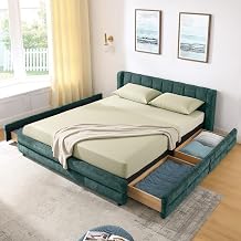 Queen Size Upholstered Bed Frame with 4 Storage Drawers, Soft Cloud Marshmallow Bedframe with Thick Chenille Headboard, Low Floor Platform Bed Frame, No Box Spring Needed, Blue+Green