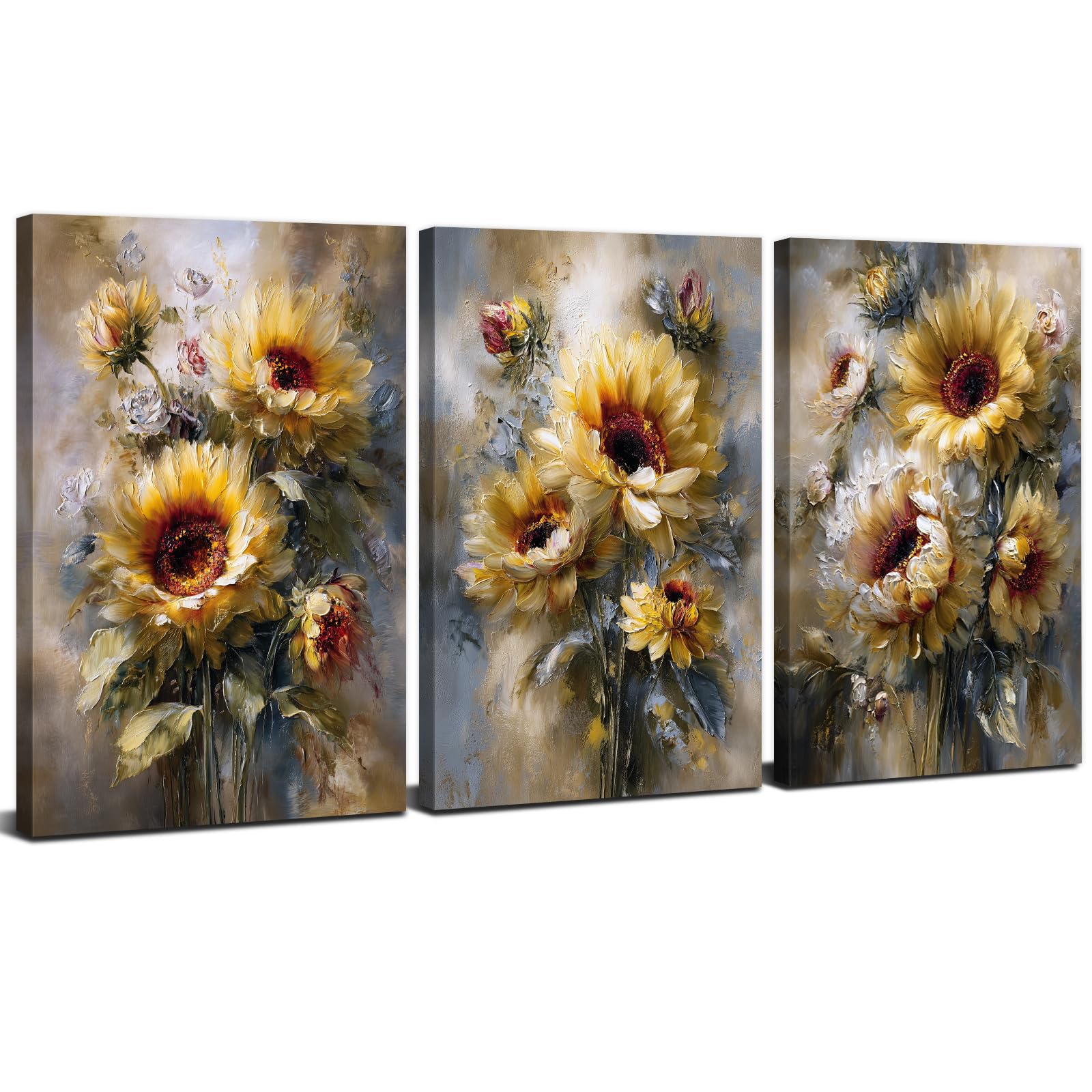 3Pcs Vintage Sunflower Wall Art Abstract Flower Canvas Pictures Nature Botanical Landscape Prints Floral Minimalist Painting Poster Rustic Cottage Canvas Artwork for Bedroom Home Decoration 12x16"