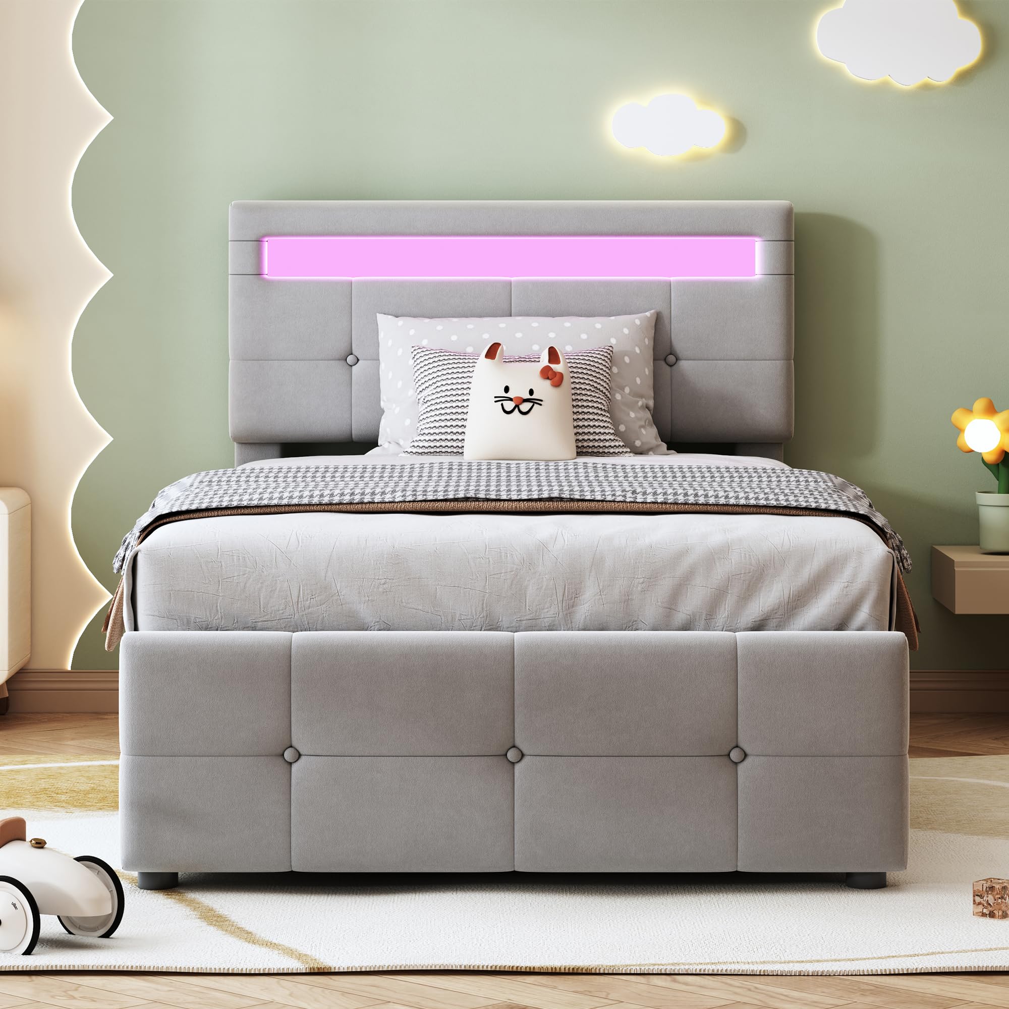 Gegtuon Letto Imbottito 90x200 cm con Illuminazione LED per Bambini, Letto Singolo con Idraulico Contenitore e Testata, Struttura Letto con Rete a Doghe per Ragazzi, senza Materasso, Velluto (Grigio)