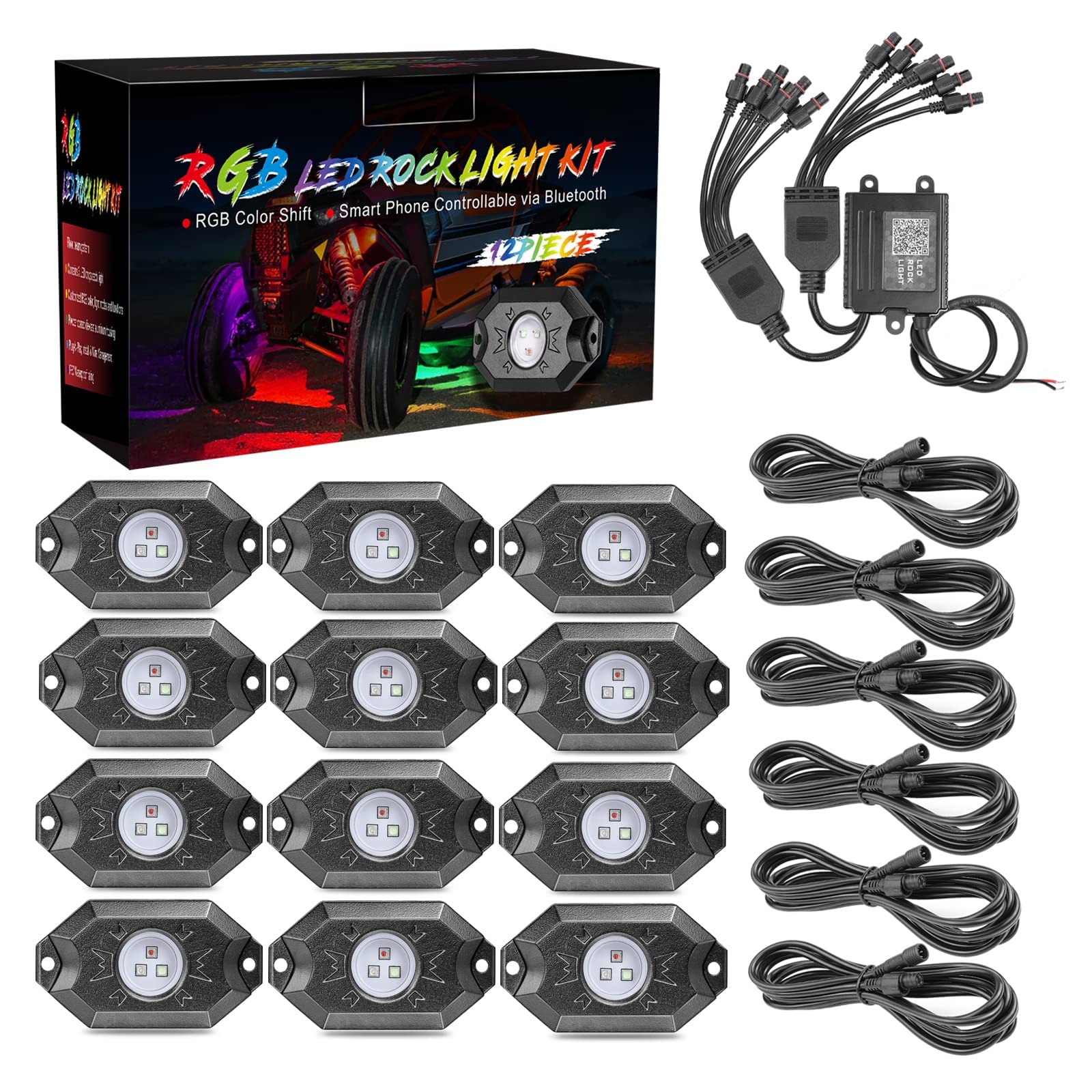 Niking Auto 12 Pods RGB LED Rock Lights with Bluetooth Controller Timing Music Modes Multicolor Neon LED Lights Underglow Trail Rig Lights wth 9.8FT RGB Rock Light Extension Cable