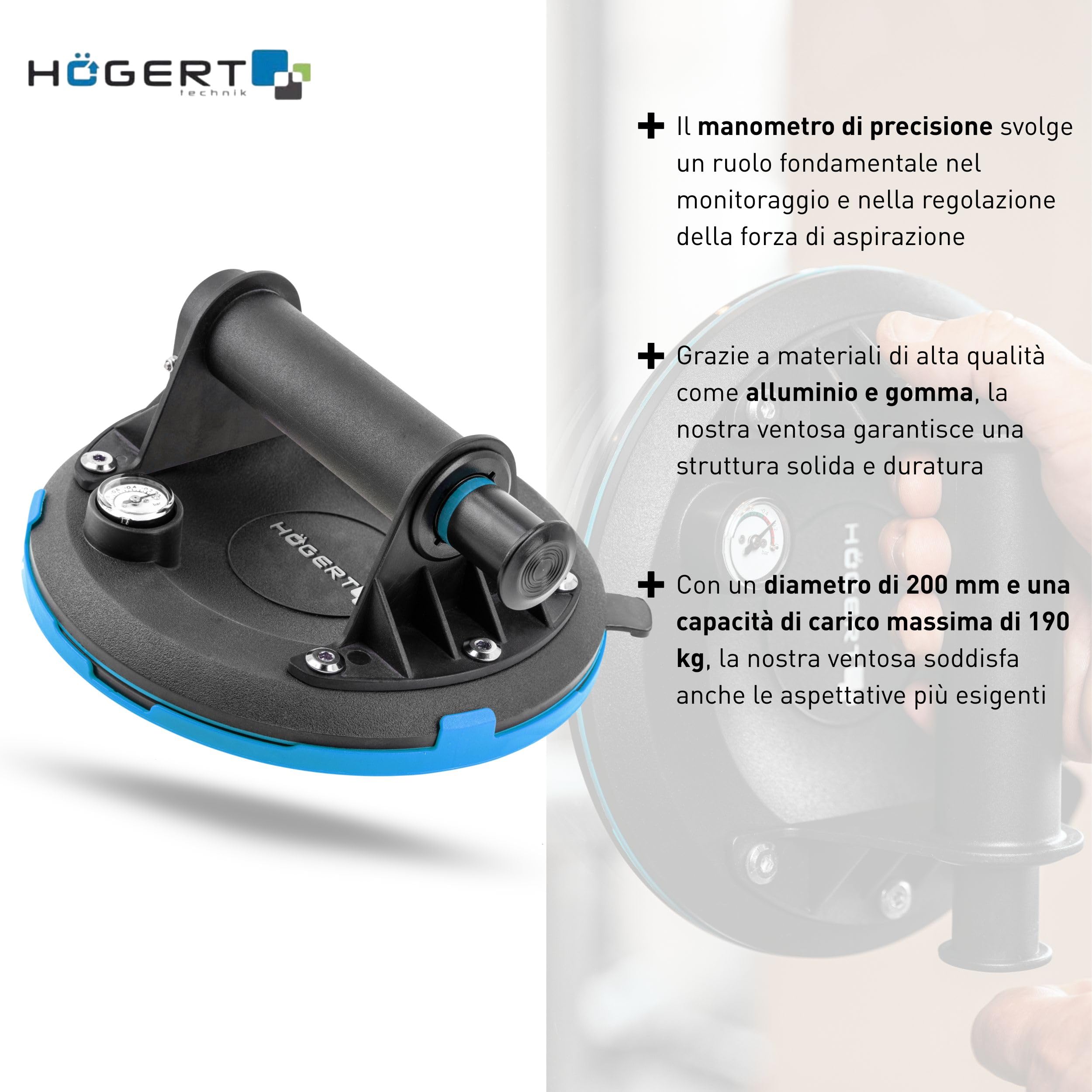 Högert Technik - Tazza a mano da 200 mm con manometro | Carico massimo: 190 kg | Aspiratore manuale | Ventosa resistente | La ventosa viene utilizzata per il trasporto di vetri della finestra, oggetti