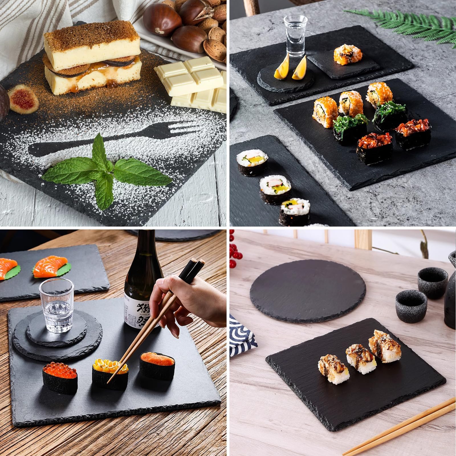 YAYODS 3 placas de pizarra 30 x 30 cm – Platos cuadrados de pizarra natural – Bandeja grande de pizarra – Bandeja para servir buffet, sushi, queso – para servir, servir y como decoración